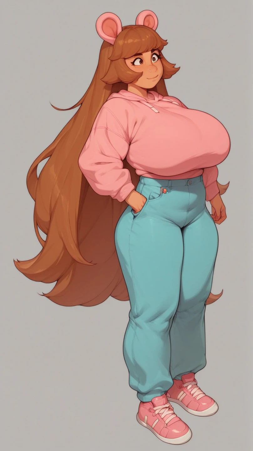 ((high aesthetic)), absurdres, absurd resolution, highly rated, highres, high resolution, best quality, masterpiece, full body, (facing viewer), standing, 1girl, ((solo)), indoors, clothed, perfect face, perfect eyes, neneneji, tight outfit, smile, natural skin texture, 4k textures, hdr, intricate, highly detailed, puffy lips, thick lips, hyperdetailed, mature female, inoue orihime, long hair, orange hair, brown eyes, thighhighs, shorts, sleeveless, hood, hoodie, pink hoodie, chubby, wide hips, massive thighs, large breasts, huge ass