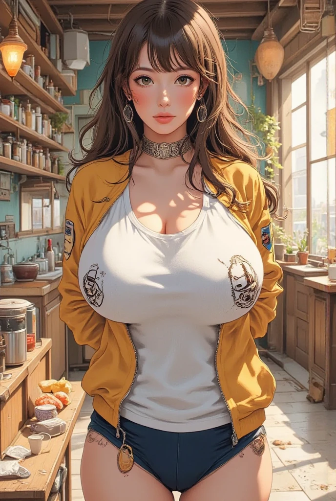 (Solo), 1girl, hair bun, glasses, , brown jacket, ribbon choker, white shirt, mini skirt, (over the knee socks), (long lace up boots), gigantic breasts, big ass, wide hips, milf body, beautiful eyes, perfect face, better eyes, better hands, better fingers, ,shiraki meiko, ((((best masterpiece)))), ((((ultra detailed)))), high quality, best quality, ((((32K)))), sharp focus, (high-resolution picture), Hand perfect, ,more_details:-1, more_details:0, more_details:0.5, more_details:1, more_details:1.5,meikodef/meikornd