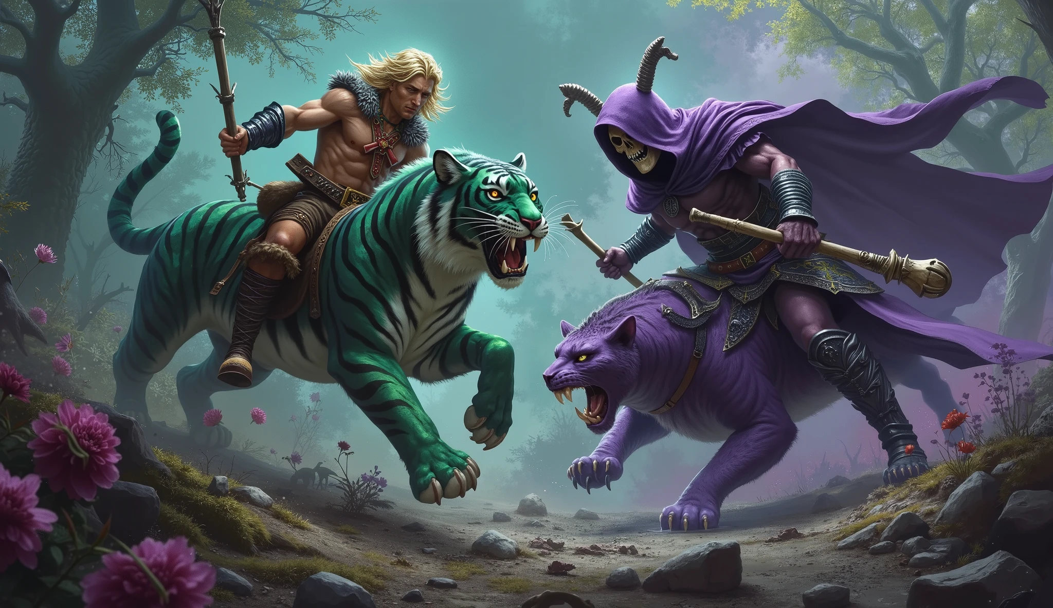 blond man with muscular fringe / leather straps intertwined on the chest with a red malt cross in the middle of his chest / long iron bracelets / brown leather pants / golden belt / leather boots with fur / mounted on the top of a green tiger with roaring black stripes with huge claws / the two facing a blue man with a yellow skull face / Purple hood / black bracelets armor intertwined in purple bones / long purple boots / holding a bone rod with a sheep-headed skull with horns wrapped around the tip of the rod/ mounted on top of a giant purple warrior panther with huge claws in combat position / He-Man vs Skeleton