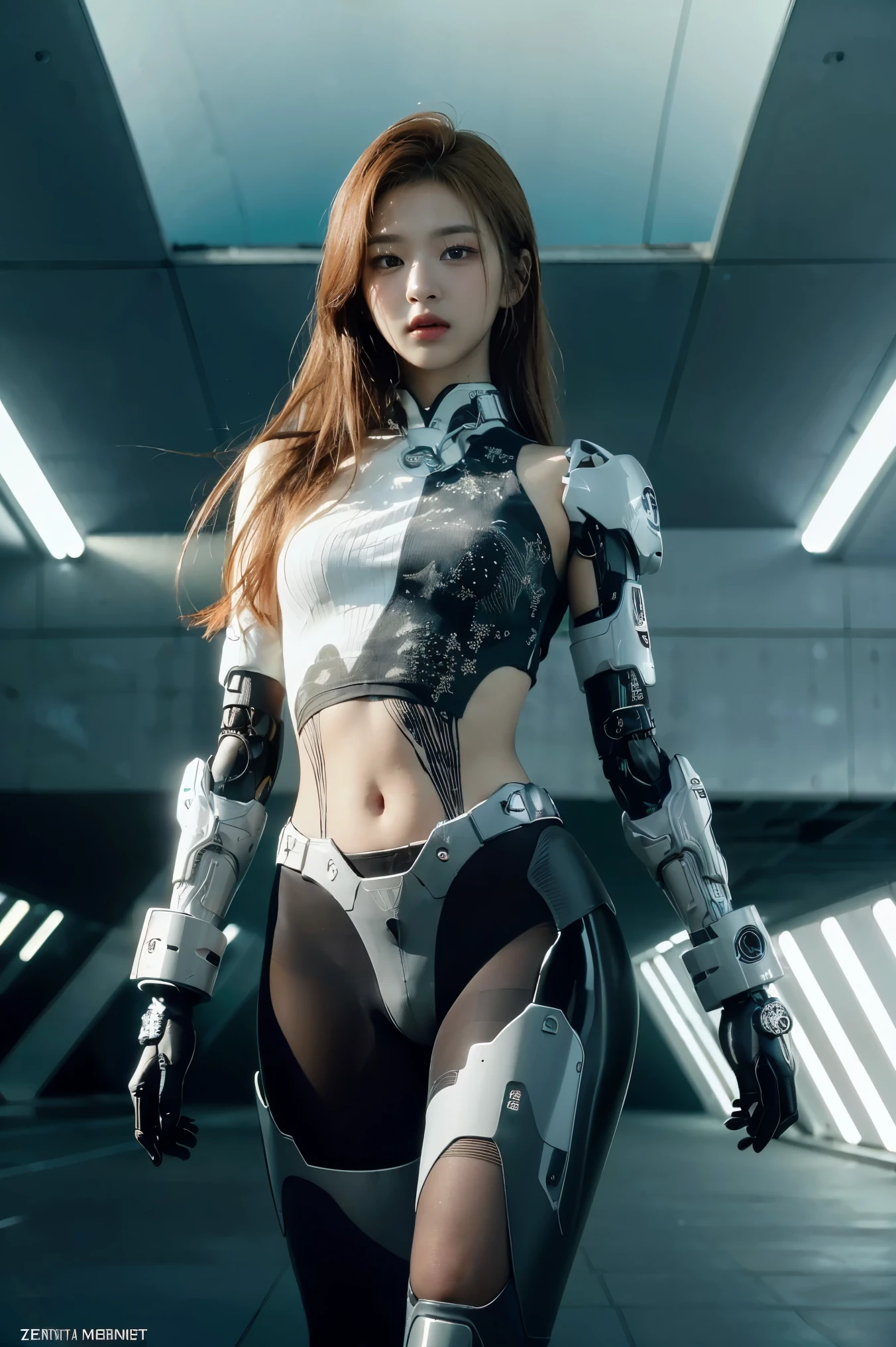 (masterpiece, top quality, best quality, official art, beautiful and aesthetic:1.2), (1girl), (fractal art:1.2),absurdres, highres, ultra detailed, Ultra-precise depiction, solo, (zentangle:1.2), floating hair, shiny skin, (abstract:1.2), pantyhose,looking at viewer, cyberpunk robot, complex robot, halo,