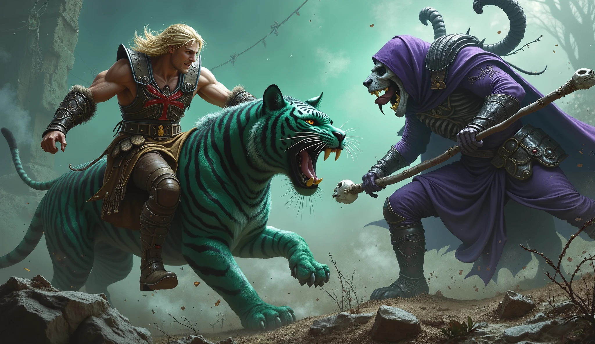 blond man with muscular fringe / leather straps intertwined on the chest with a red malt cross in the middle of his chest / long iron bracelets / brown leather pants / golden belt / leather boots with fur / mounted on the top of a green tiger with roaring black stripes with huge claws / the two facing a blue man with a yellow skull face / Purple hood / black bracelets armor intertwined in purple bones / long purple boots / holding a bone rod with a sheep-headed skull with horns wrapped around the tip of the rod/ mounted on top of a giant purple warrior panther with huge claws in combat position / He-Man vs Skeleton