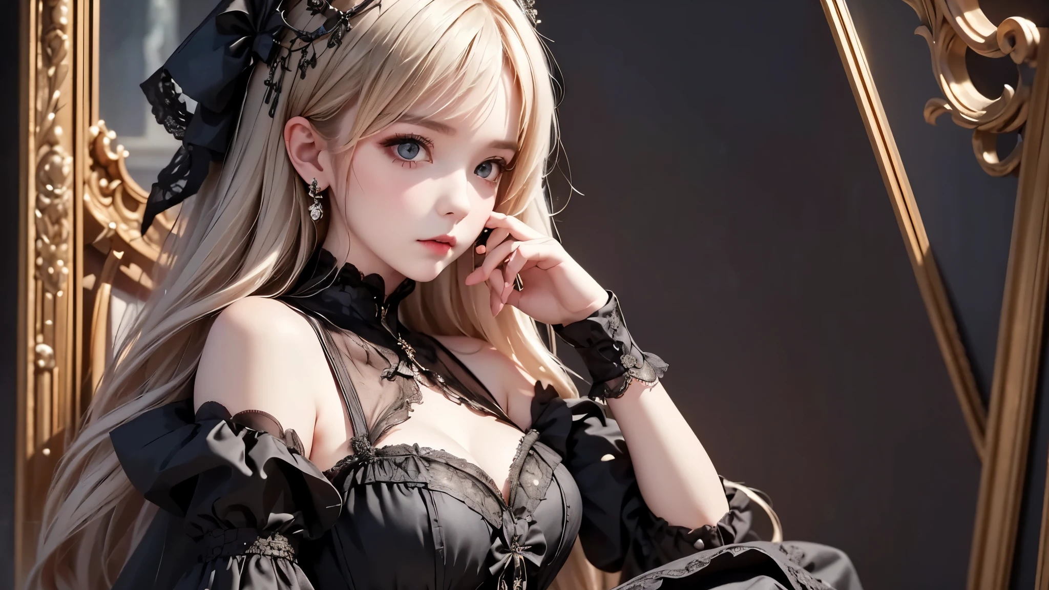 woman wearing dress and boots , baroque dress, wearing a detailed steampunk dress, elegant gothic princess, victorian gothic ta fashion, historical baroque dress dark, black gothic loliress, fantasy style clothing, rococo dress, black rococo, fantasy costume, wearing a gothic dress, romantic dress, gothic dress,blonde, tilt her head,(((upper body portrait))), ((from side))