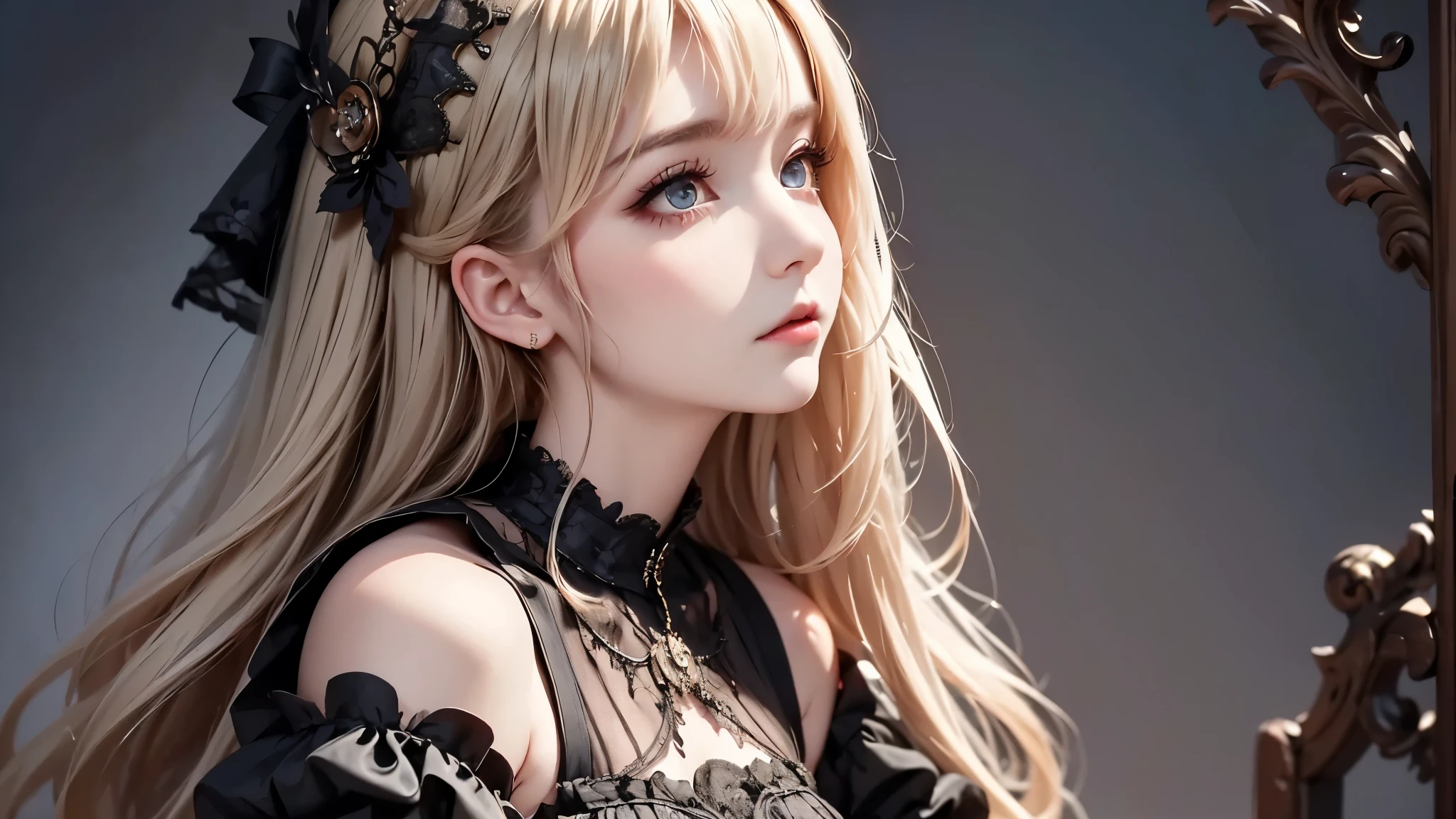 woman wearing dress and boots , baroque dress, wearing a detailed steampunk dress, elegant gothic princess, victorian gothic ta fashion, historical baroque dress dark, black gothic loliress, fantasy style clothing, rococo dress, black rococo, fantasy costume, wearing a gothic dress, romantic dress, gothic dress,blonde, tilt her head,(((upper body portrait))), ((from side))