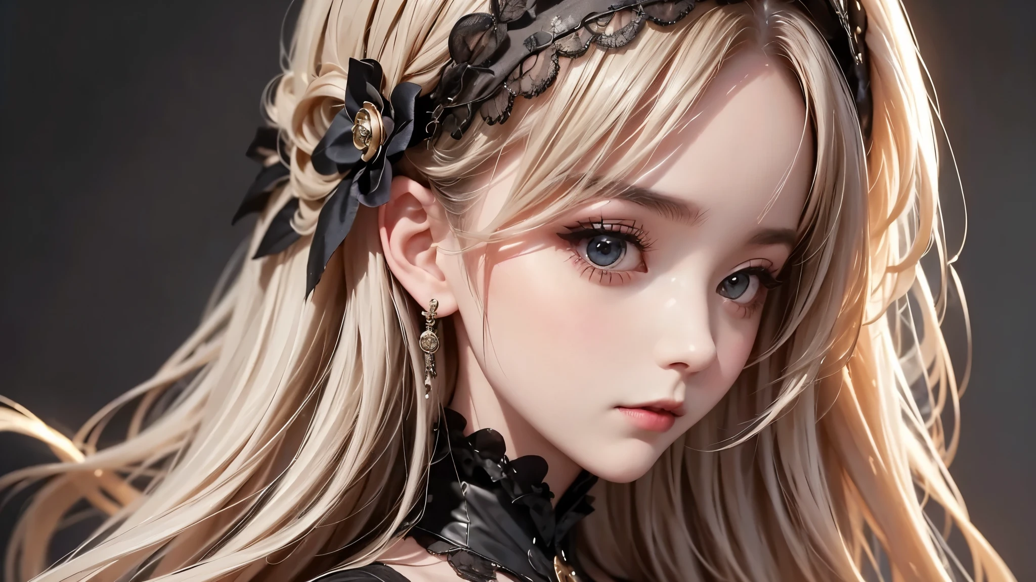 woman wearing dress and boots , baroque dress, wearing a detailed steampunk dress, elegant gothic princess, victorian gothic ta fashion, historical baroque dress dark, black gothic loliress, fantasy style clothing, rococo dress, black rococo, fantasy costume, wearing a gothic dress, romantic dress, gothic dress,blonde, tilt her head,(((upper body portrait))), ((from side))