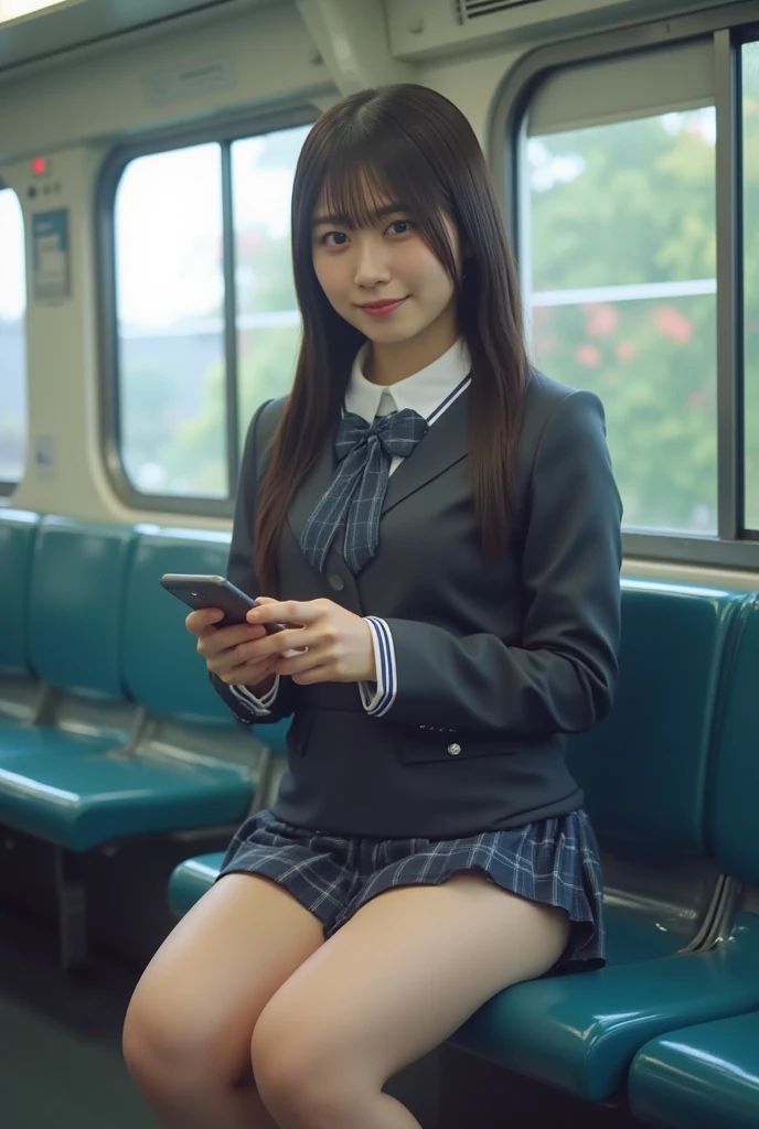 8k, RAW Portrait (Japanese women),masterpiece、Realistic, Ultra-high resolution, Highest quality, Real Life Photos ,(((Showing panties:1.4)))、((sitting in a seat on the Yamanote line train, Looking at smartphone.:1.4))、
((((1 person:1.5)))), (((電車内でPlease lift your skirtパンティーを見せびらかす女子高生:1.4)))、(Cute Face:1.3),((Japanese schoolgirl))、((((Japanese High School Uniform:1.6))))、 Black Hair,(Written boundary depth:1.3)、 ((Dark brown eyes:1.2))、(Realistic skin texture:1.3)、(Immersive atmosphere:0.8、Chiaroscuro:1.2) 、(audience:1.3)、((smile:0.8))、((Red cheeks:1.1))、((very small white panties))、((Please lift your skirt))、(Emphasize panties)、Skirt Lift、Please lift your skirt、Check skirt、long hair、