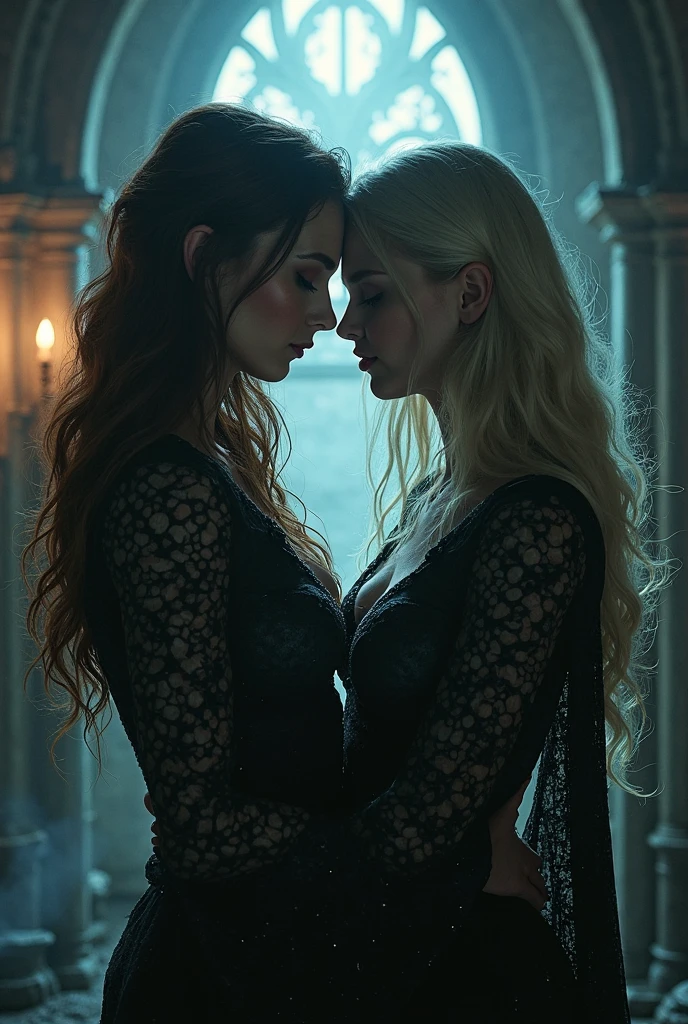 Jane of Shadows at the Sign of The Burning Pestle inn with her arm around the waist of Evene the beautiful mysterious naked blonde witch,medieval