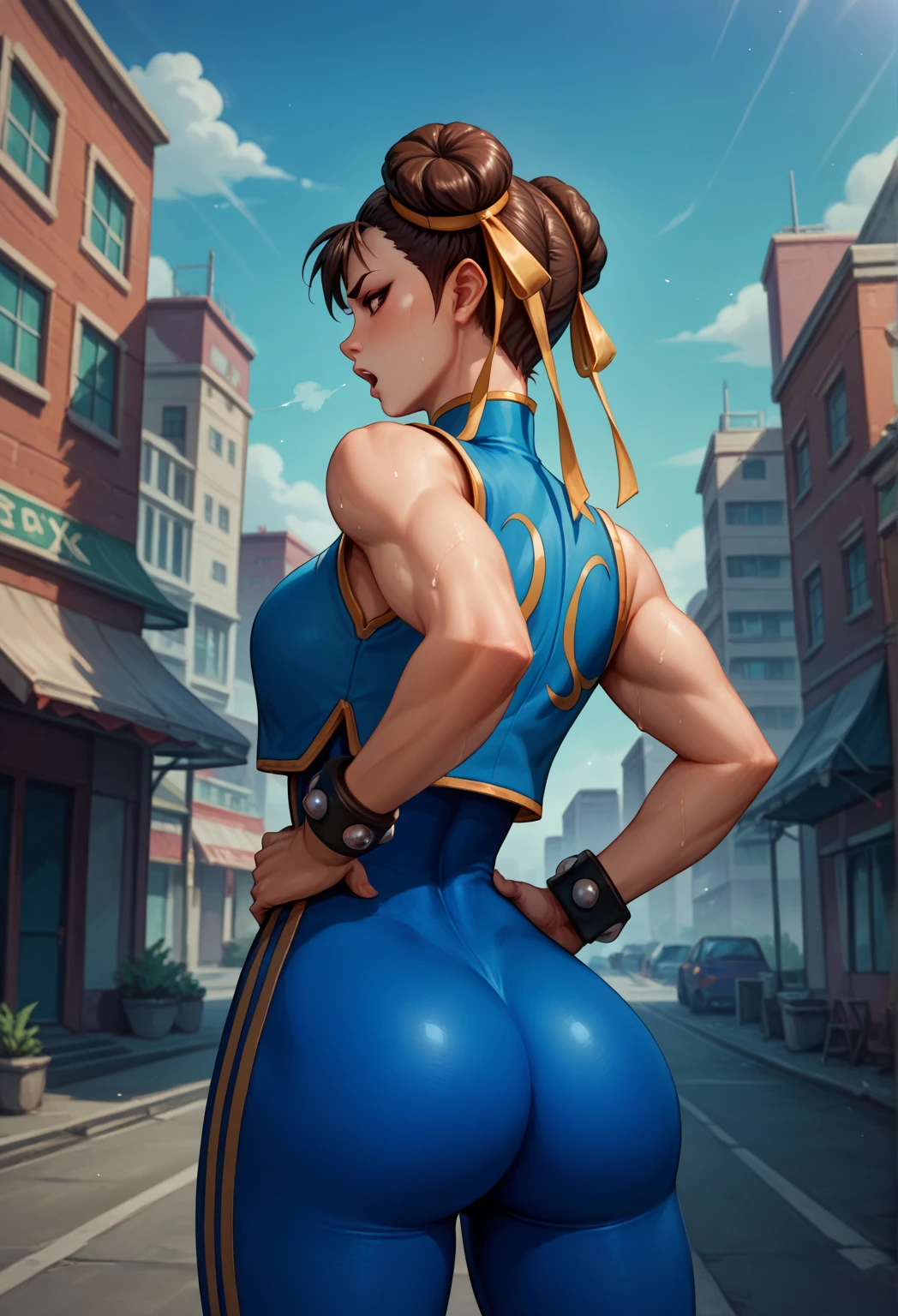 (Very detailed,Highest quality,4K,8K,16K,High resolution,masterpiece:1.5), (Perfect hands,Perfect Legs), (Realistic,photoRealistic,photo-Realistic:1.37),
One beautiful woman, Chunli, Chunli, Street Fighter,
Beautifully detailed sweat glands, Smooth skin texture, Carefully drawn,
Outstanding proportions, Lively expressions, (Big Breasts), (Big Ass), ((Sticky with sweat)), In a sexy pose,
Outdoor, Chinese back alley at night,