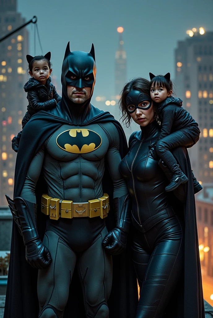 Batman in hero costume with his son and wife