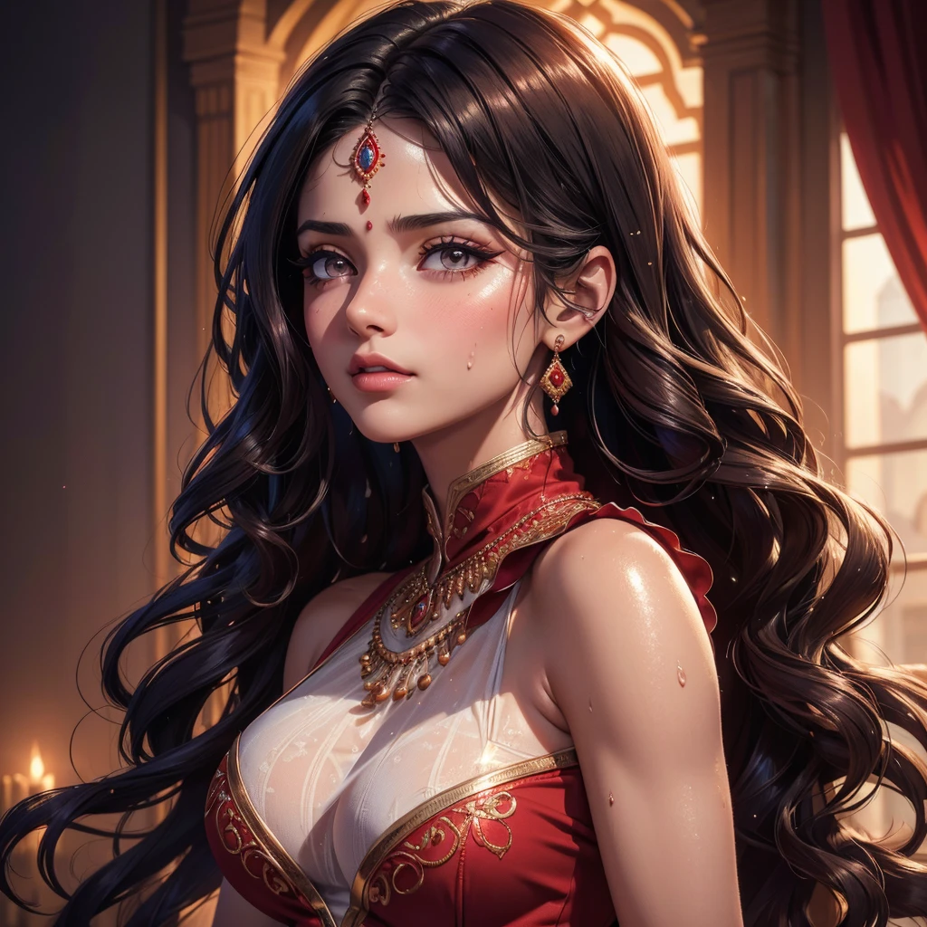 Single beautiful persian princess, wearing a fitted wet red sharara, long wavy black hair, visible extremely sweat dripping from armpits, fully body covered in extremely glistening and shining sweat, big breasts, white skin, backside visible with detailed facial features, beautiful detailed eyes, beautiful detailed lips, extremely detailed face, long eyelashes, portrait, (best quality,4k,8k,highres,masterpiece:1.2),ultra-detailed,(realistic,photorealistic,photo-realistic:1.37),dramatic lighting, warm color tones, vibrant colors