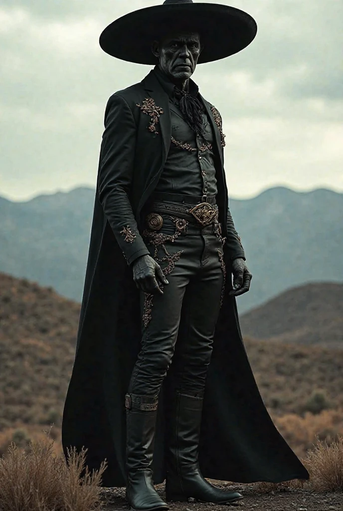 A skull with a skull face with a horn on its head facing backwards its skull torso wearing a black cape its body is all bones its hands are skulls its feet are ox legs wearing black pants and holding a bone cane in its right hand