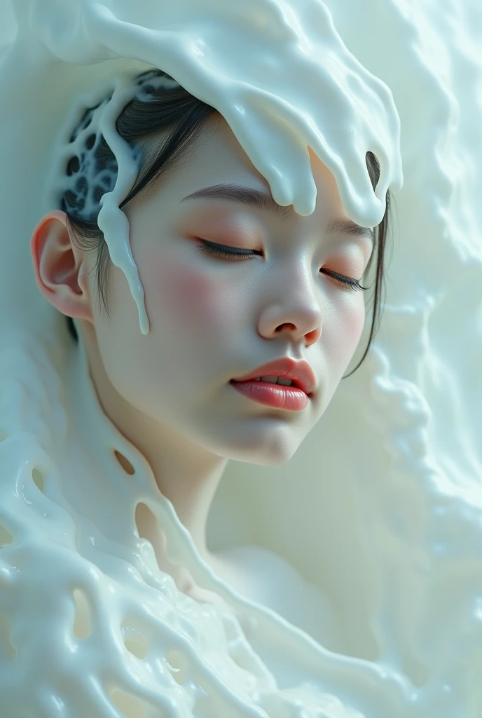 there  a woman with white paint on her body and a white dress, anna nikonova aka newmilky, flowing milk, cream dripping on face, soft portrait shot 8 k, puddle of milk, sea of milk, milk dripping, wlop glossy skin, milk bath photography, spilled milk, karol bak uhd, pale milky white porcelain skin, milk - bath effect