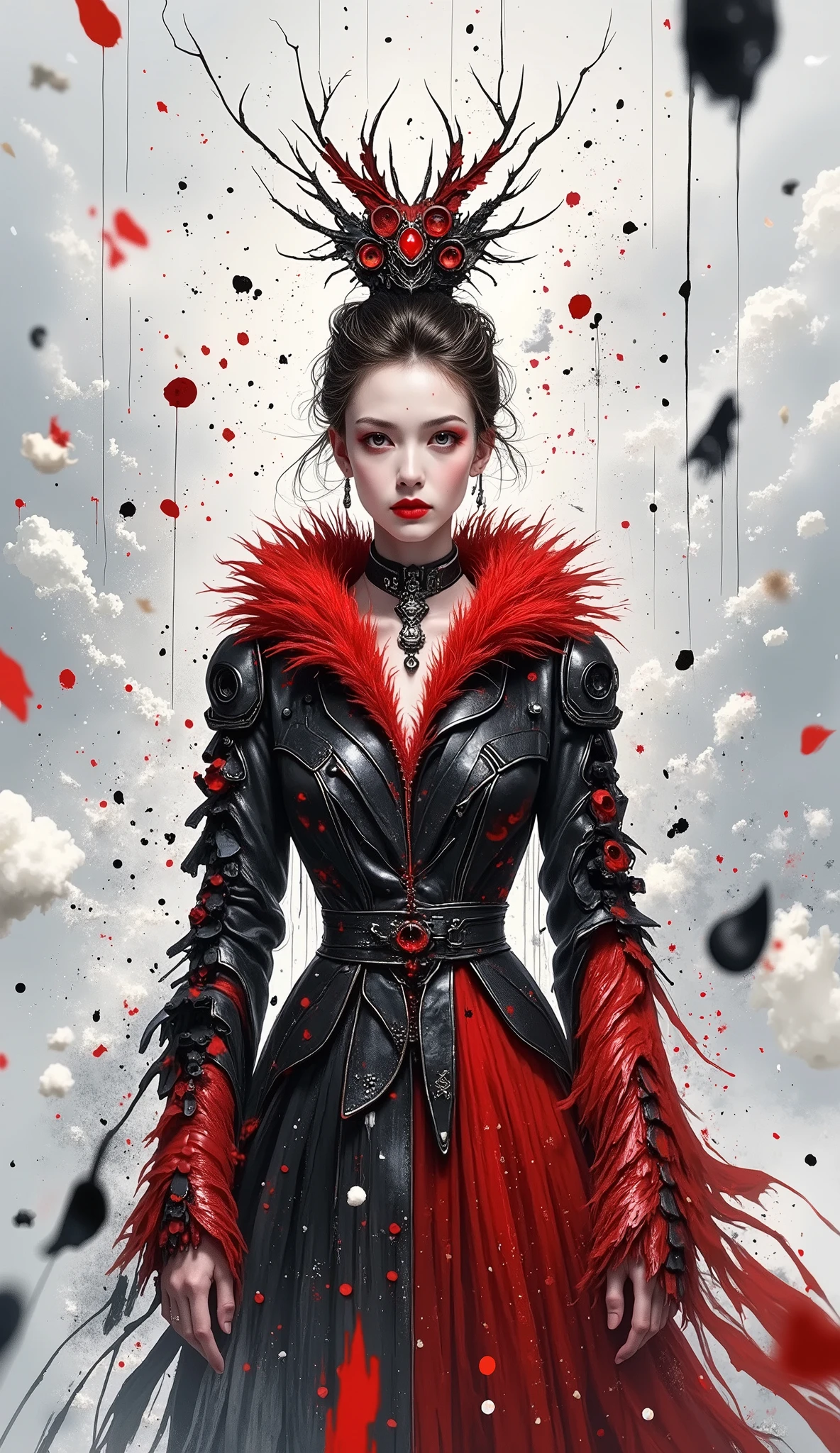 Sassan's surrealist masterpiece, with abstract shapes and splashes of paint surrounding the scene. She wears an amazing, gorgeous, fur jacket with a pattern, highlights her red and black costume. to leave a visually stunning work for the audience Impressed {x} between her costume and the white and gray ethereal background The strong contrast creates an engaging visual experience. surrounded the scene, to create a fantastic sense of fantasy. captures a mysterious woman with charming red eyes, symbolizes the unity of technology and nature. This thought-provoking、This artwork cleverly combines mechanical and organic elements.