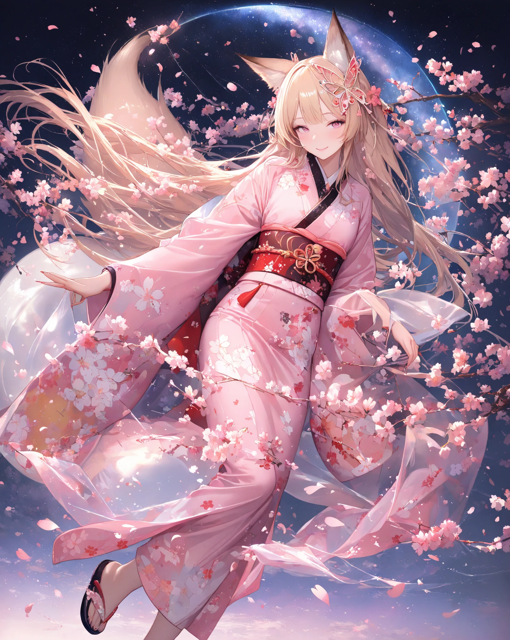 Style:
(beautiful anime illustration with a sense of transparency),(Professional Illustrator)。
theme:
(dance Japanese dance gracefully),(An 18-year-old beauty wearing a kimono),( fox ears),(fox tail),(beautiful face with a profound smile),(listless expression),(golden hair),(long hair),(shiny hair), (Silky Hair Texture),(Natural hand pose),(Realistic hand anatomy),(Realistic hand texture),(delicate fingernails), (Clear finger joints ),(supple and curved proportions of weeping cherry blossoms at night), (Clear Skin)。
costume:
(light purple furuncles), (A kimono long enough to reach the light purple floor), (cute sandals), (Cherry Blossom Patterned Sack Belt), (Pastel Pink Obi), (Crimson Belt),(hair ornament with a moon motif), (hair ornament with sparkling stars), (Cherry blossom colored hair ornament), (glass hair ornament), (hair ornament that reflects light), (butterfly wing hair ornament), (hair ornament that flutters in the wind)。
background:
( Milky Way),(Jet black night sky ),(Cherry blossoms weeping at night ),(Weeping cherry blossoms in full bloom),(A large number of cherry blossom petals fluttering down in the wind),(The ground sprinkled with cherry blossoms)。