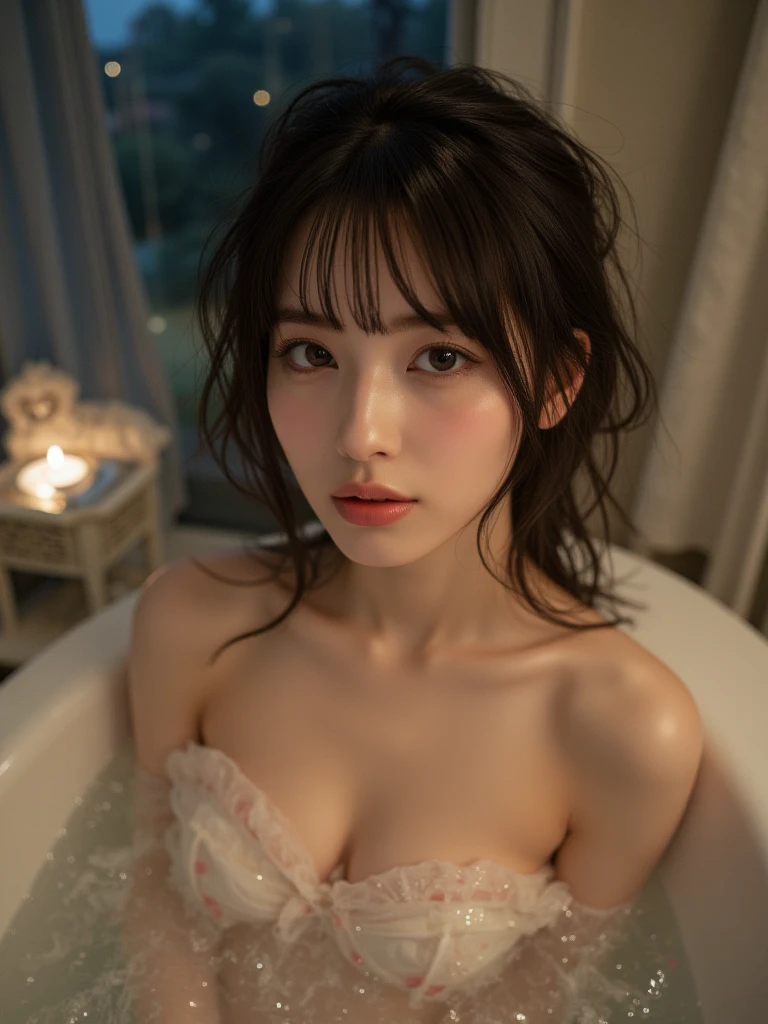 ​masterpiece、8K、32K、top-quality、(A detailed eye)、(A cute Japanese woman、bangss)、23years old、1 girl in、elegent、(Detailed background depiction、portlate:1.2)、Making hearts with your hands、Cheerful, Alluring、Cat ears lying in the bath、Flowers spread in the bath、nude、🛀、giant Bath panoramic view、Milk color water、In the bath、in the bath up to your shoulders、Red petals on a white bath^ ^、Get into the water up to your shoulders、Cover your chest with your hands, ((highest quality、masterpiece、8k、best image quality、ultra high resolution、Award-winning work)、(close-up of woman&#39;s face:1.35)、(close-up of naked face:1.3)、(accurate ???????:1.1)、(look at me and smile:1.1)、Shining fair skin with ultra high resolution、most detailed face、ultra high resolution detailed face、ultra high resolutionの髪の毛、(ultra high resolutionの煌めく瞳:1.1)、Beautiful face drawn in every detail、(blurred background:1.1)、very bright and vivid、beautiful japanese actresの顔、(An open-air bath surrounded by nature in an unexplored area deep in the mountains:1.1)、(hot々Steam rises from the hot spring in:1.1)、(fantastic fog:1.1)、beautiful and bright sunset、epic movie lighting、the most romantic sunset、ultra high resolutionの艶のある唇、Lustrous and moisturized skin、Beautiful natural open-air bath、Premonition of romantic love、perfect beautiful teeth, (full body shot:1.2), wrapped in a bath towel、