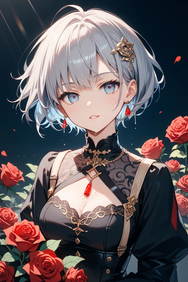(dynamic angle:1.3, front view:1.1, breast focus:1.3, from below:1.2), (dynamic posing:1.5, sexy posing:1.2, leaning forward), (seductive smiling:1.3),(*K) HD, highest quality, Anime style beutiful woman, 1girl,fullbody, happy, (with sparkling eyes and a contagious smile:1.2), red face, closed mouth, beautiful detailed eyes, super detailed skin, backlighting, bare shoulders, black background, black dress, black gloves, silver hair, breasts, dress, earrings, fingerless gloves, floating hair, floral print, flower, gloves, gold earrings, gold hairband, hair flower, hair ornament, hairband, holding, holding two-hands weapon, jewelry, large breasts, long hair, looking at viewer, off-shoulder dress, off shoulder,red eyes, short hair with long locks, sidelocks, solo, spikes, thighs, two-sided dress, two-sided fabric, weapon, fighting stance , face, close up, from above, highest quality, high resolution,Real World, Natural light,perfect Natural light,looking at viewer,