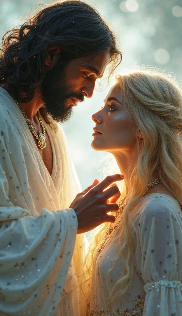 Long-haired bearded pirate, with clothes in purple tones and a witch in white clothes and blonde beauty