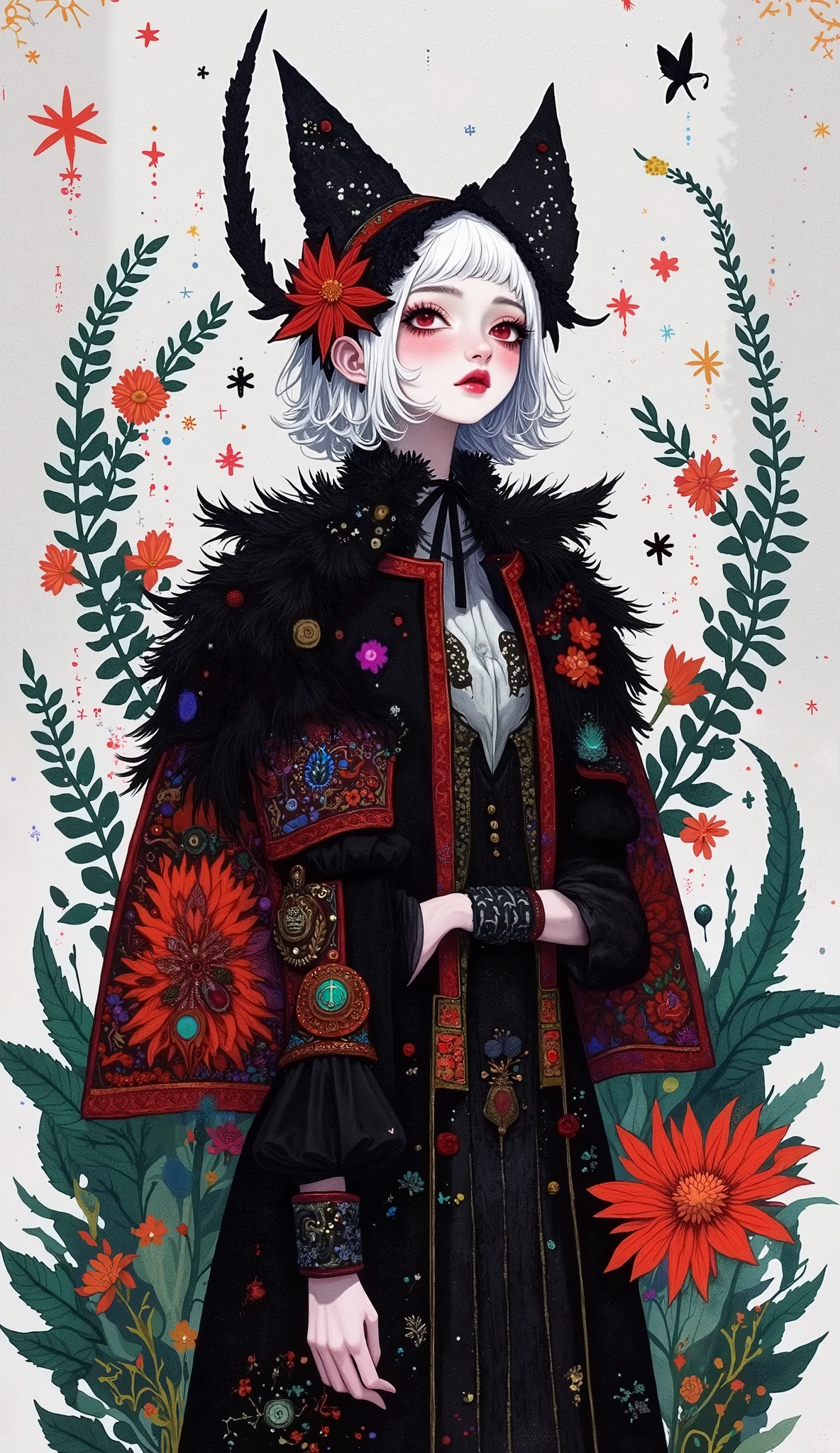 Sassan's surrealist masterpiece, with abstract shapes and splashes of paint surrounding the scene. She wears an amazing, gorgeous, fur jacket with a pattern, highlights her red and black costume. to leave a visually stunning work for the audience Impressed {x} between her costume and the white and gray ethereal background The strong contrast creates an engaging visual experience. surrounded the scene, to create a fantastic sense of fantasy. captures a mysterious woman with charming red eyes, symbolizes the unity of technology and nature. This thought-provoking、This artwork cleverly combines mechanical and organic elements.