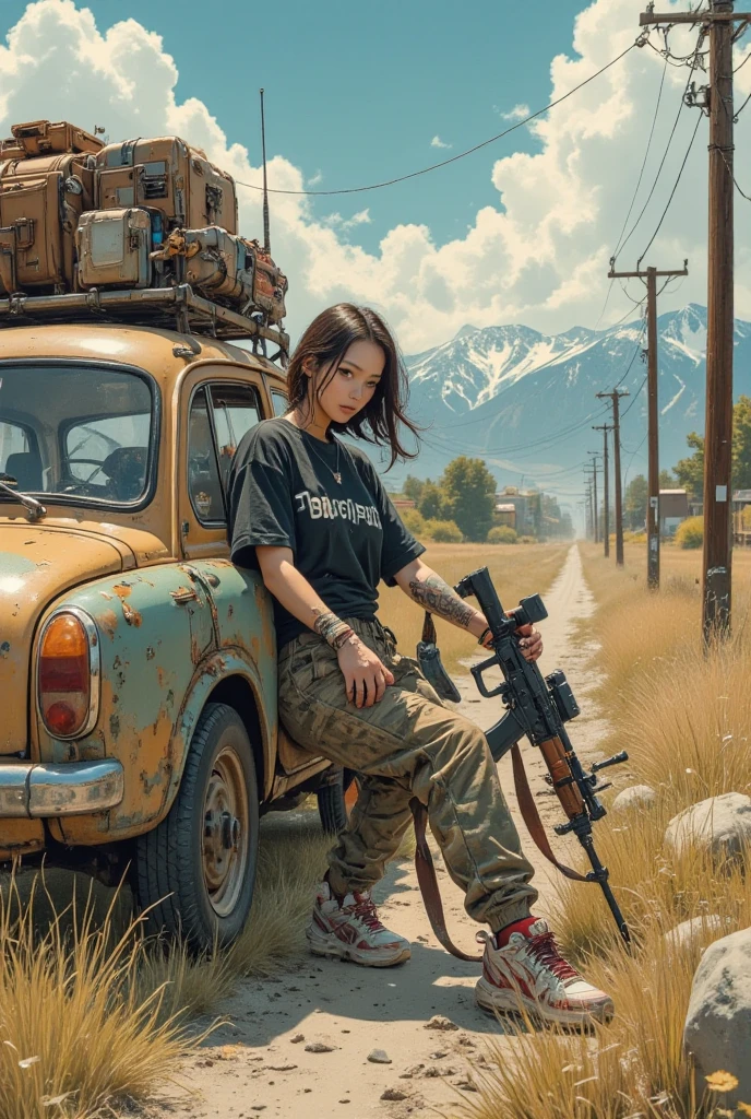 ８K,realistic photo、realistic skin texture、A beautiful Japanese woman carrying a lot of luggage　I&#39;m in front of a really small old station wagon.、The wagon has signs of repair.、Dirty and tornＴshirt、 hoodie、Afghan Stole、camouflage pants、Dirty Converse sneakers、In his hand he holds a large anti-vehicle rifle、Dynamic action pose、dramatic composition、tattoo、one person、run away、Wilderness Road、sunny