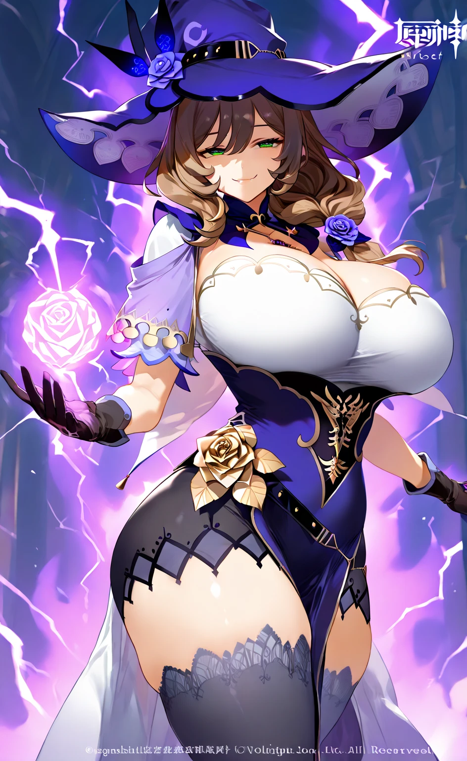 masterpiece, best quality, highres, aalisa, long hair, hair flower, green eyes, witch hat, purple headwear, hat flower, necklace, capelet, purple dress, black gloves, black thighhighs, standing, (magic:1.2), cowboy shot, (electricity:1.1), smile, gigantic breast, cleavage, ((NSFW))
