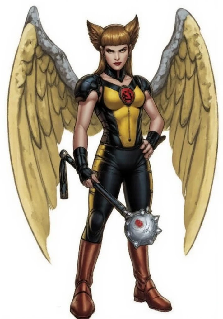 The Thanagarian warrior Chay-Ara, alias Hawkgirl, original costume of the Hawk Girl yellow corset with red and green leggings, red boots, large brown wings, long red hair, Justice League, DC Comics.