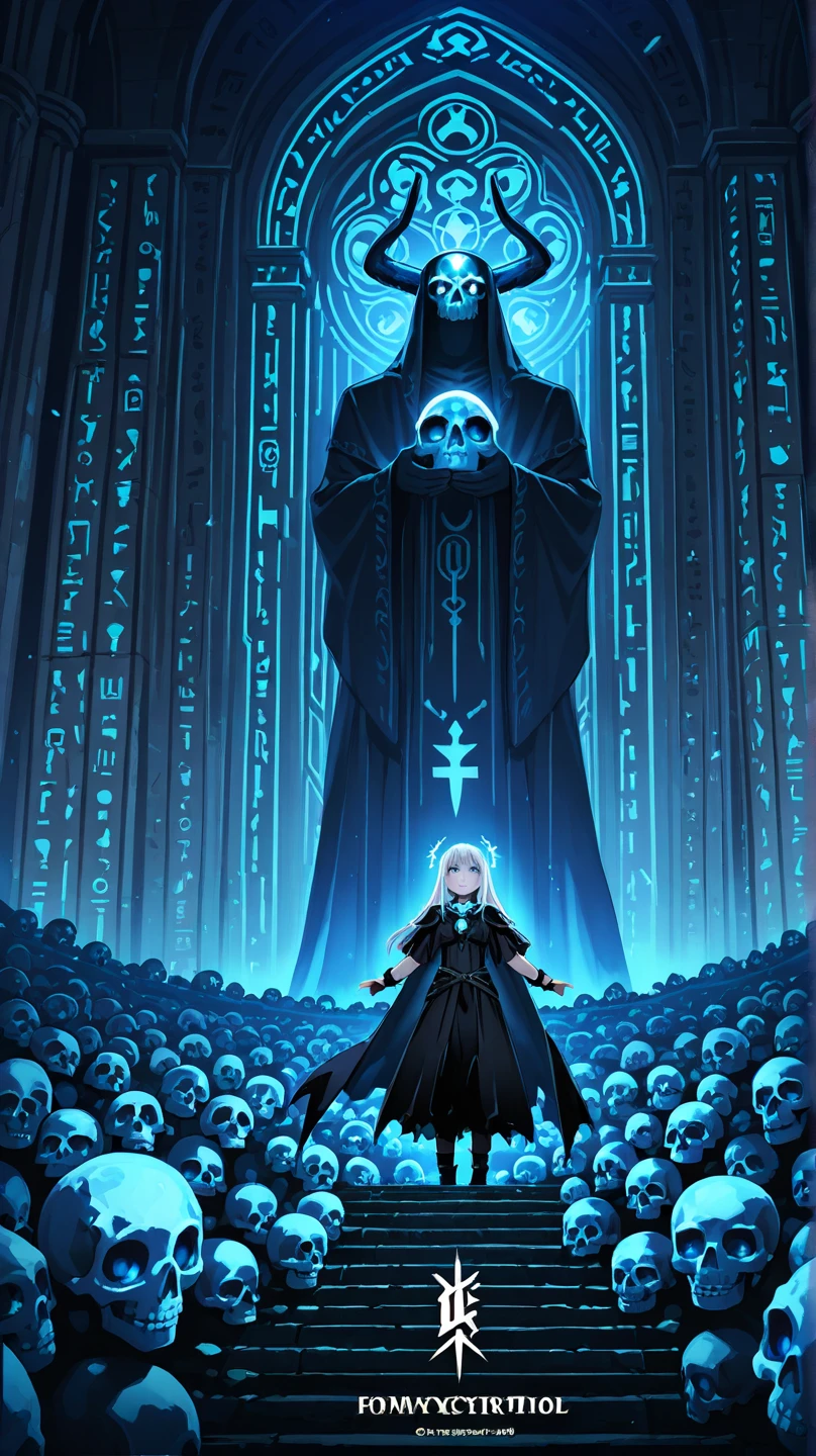 A mysterious crystal skull in the darkness, surrounded by mysterious blue light, with ancient hieroglyphics shining all around. Fantastic and mysterious atmosphere, cinematic composition like a movie intro.