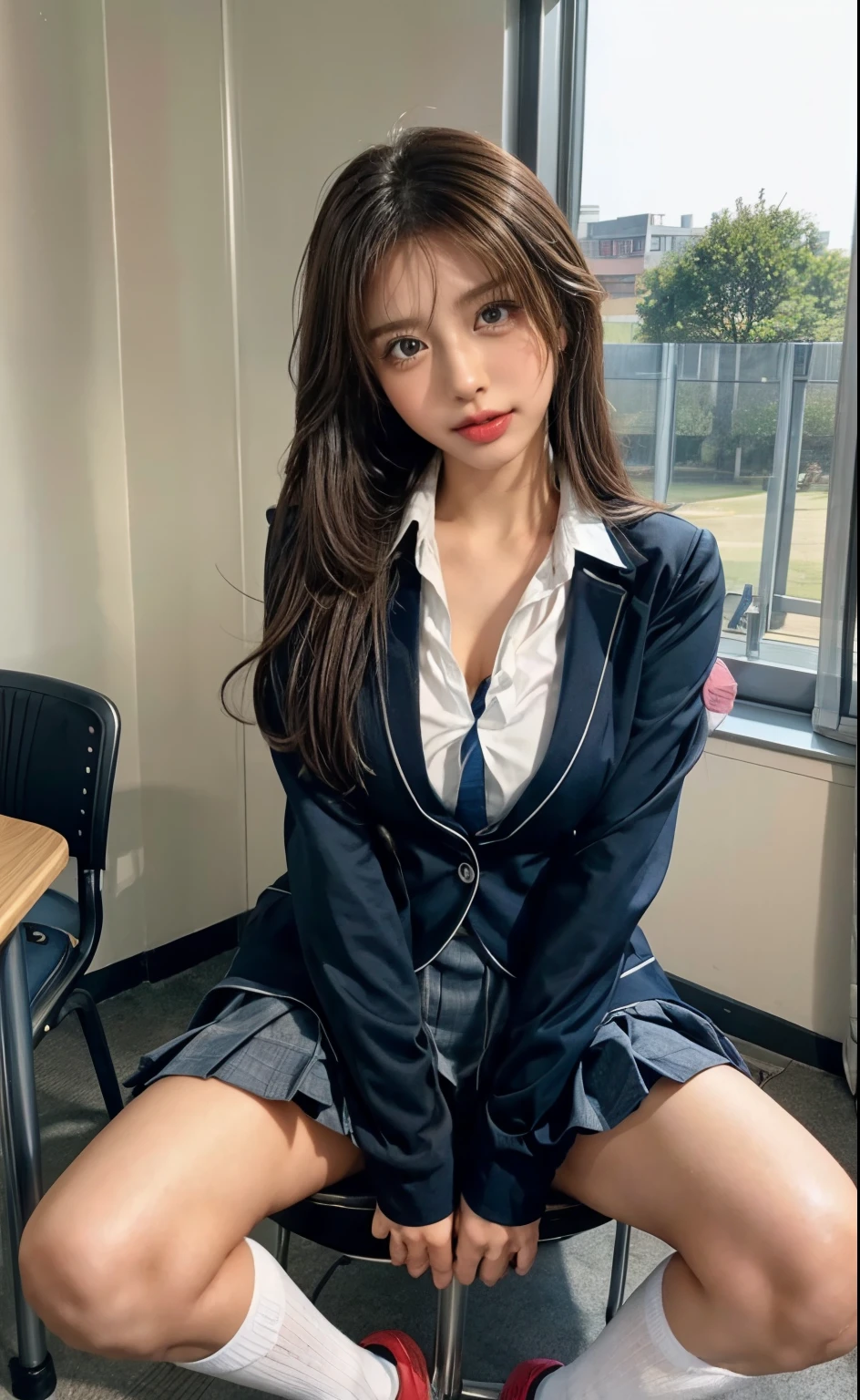 masterpiece, high school girl、( school uniform:1.5)、(I see through her panties:1.5)、 My big breasts are sticking out 、I can see the dirty part、navy high socks、 Panchira,Put on your shoes、sit on a chair and open your legs、(Bright School Classroom:1.5) viewer, reality, full body lesbian, radical, expensive, ( fingers :1.5)RAW Highly detailed, ahegao, eyes rolling , , Water is flowing through her mouth , sticky tongue , Big Breasts, SEXUAL EXCITEMENT, sexual expression, blazer