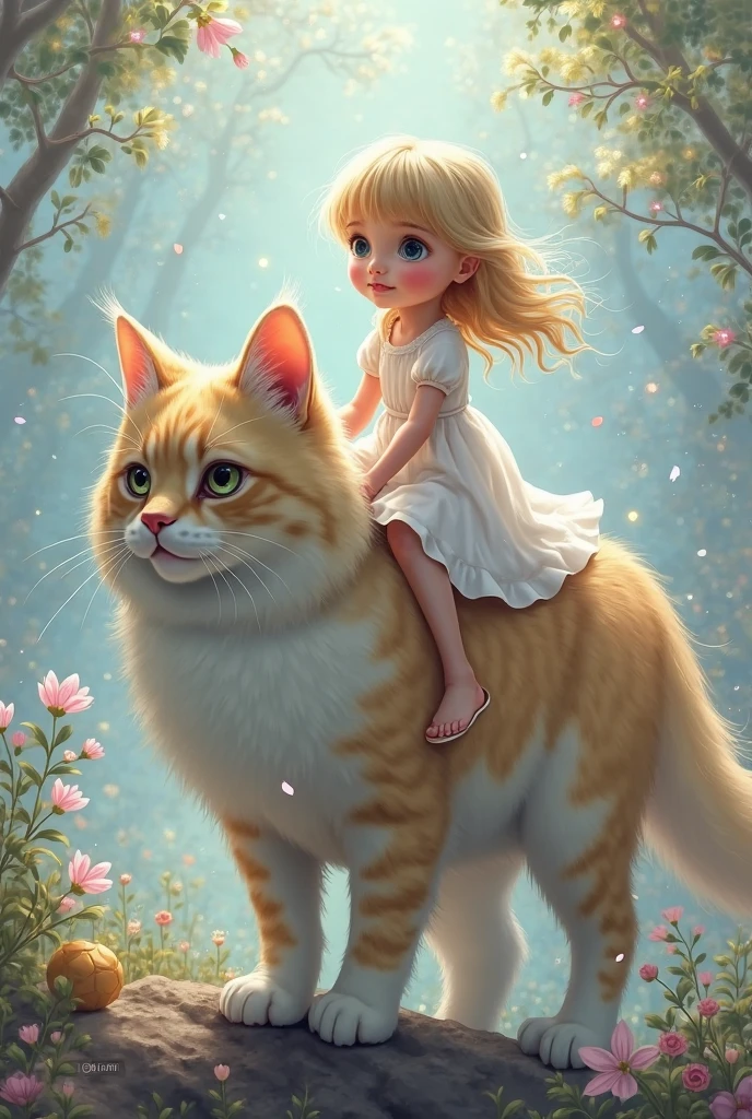 big++ fluffy white+ cat (dressed in a harness) and a little girl ((sitting on the back of ((big cat))++, red hair, spring forest at sunset. towards the setting sun horizon. girl: (dressed in a long lace dress, wide leather belt, white boots, golden hem)) patterns (flowers), natural leather texture, 24mm, 4k textures, soft cinematic light, Adobe Lightroom, dark room, hdr, complex, elegant, high detail, sharp focus, ( ( ( (look cinematic)) calm tones, crazy detail, complex detail, hyper detail, low contrast, soft cinematic light, dull colors, exposure mixing, HDR, faded