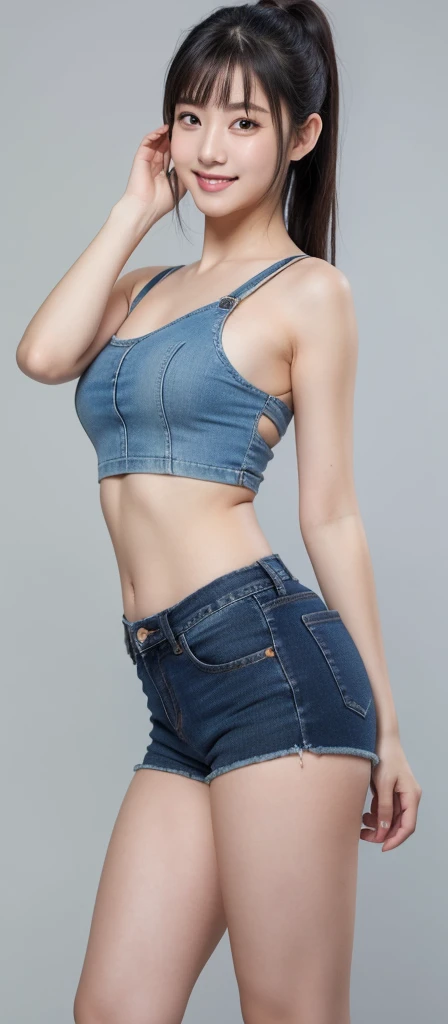 1girl, 独奏, bare, une fille de 35 ans, with wavy blonde hair, front view , open legs, cul mince, tanned skin,High quality, sensual model, wear one (strapless leather push-up bodice), (Clivage incroyable), round breasts, (low rise skinny denim pants), hanches fines, hanches et aine visibles, open legs, dim light of the'Afternoon, forest, dark vibe, low light, Mysterious Scene