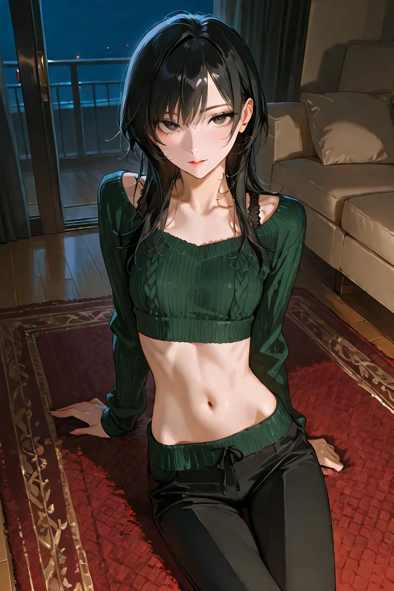 ultra high definition, best quality, masterpiece, highres, artstation, concept art, smooth, sharp focus, illustration, a 20 years old girl, brown hair, green eyes, wide eyes, (small breast), (small hips), (small ass), ((small girl)), (she's smoking cigarette), drunk, sitting in a bar, black pants, black jacket, white sportbra top, provocative pose