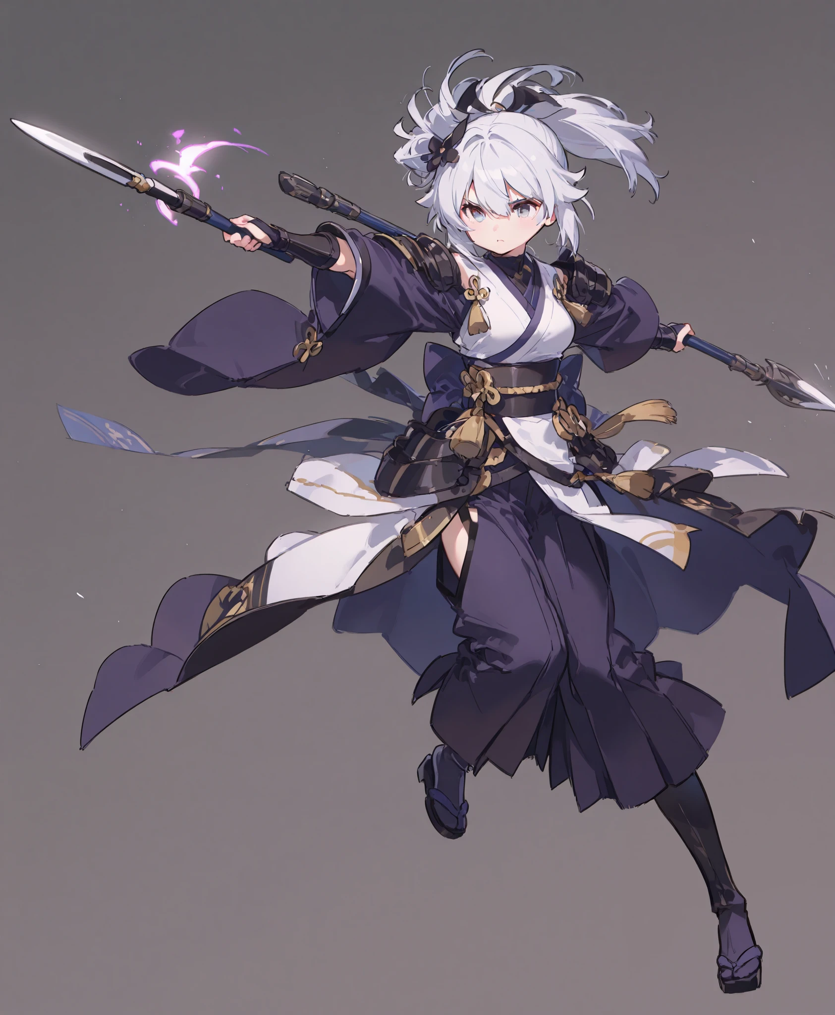 full body、 fight scene、high quality、Superb Details、simple background、Japanese clothing、spear