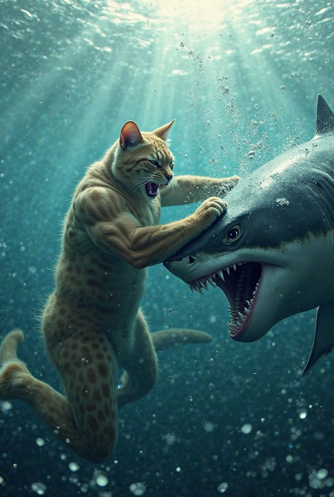 A bodybuilder father cat fighting with shark to save his kitten