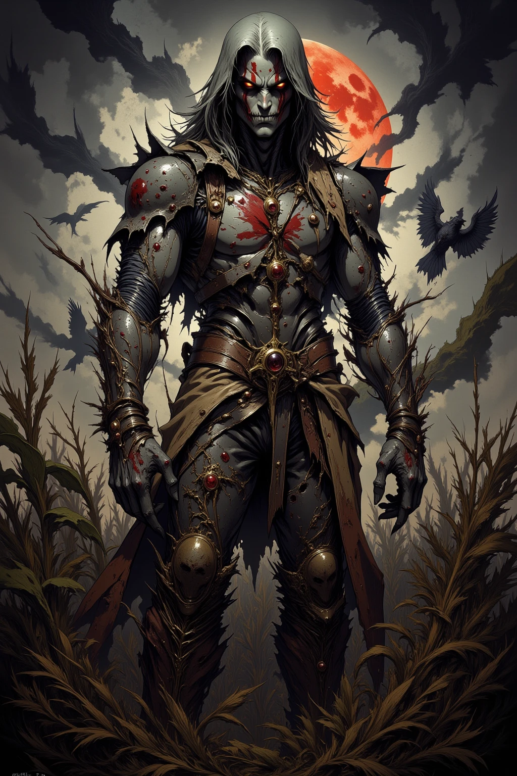 (( full body view)) full body image, (best quality,4k,8k,highres,masterpiece:1.2),ultra-detailed,realistic:1.37, gritty ghotic art, colorful, ((full body view)) foto of an evil scarecrow. Scarecrow, in classic vests with an old straw casting shadow on is face. His costume dirty, and shreded made of straw.Menacing eyes, a grin, exuding energy, rage, (((extremely thin)))creepy menacing figure, holdind a sciter with jagged edges against a background of a corn field. Full red moon, mist Shadows, crows flying above. stone figure. With splashes of blood on his arms, his vest and hands.extrem contrast and definition 8k, 4k, dept of vue, eyes,dark,vibrant colors,mysterious background,hellish atmosphere,intense emotions,expressive brushstrokes,haunting presence,foreboding shadows,omnious lighting,dramatic composition, corn field features,sharp and detailed,distinctive textures,contrast between light and dark,awe-inspiring,otherworldly,fantasy theme,impressive,dynamic pose, omnious Shadows, intricate details, captivating,unforgettable,visually stunning ((full body view)) ((full body image)).