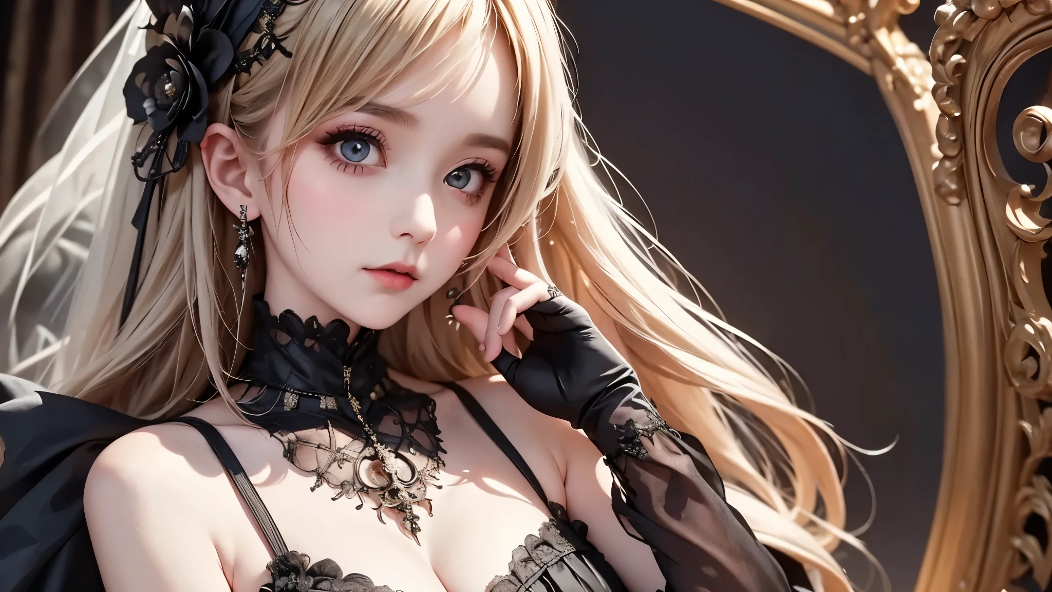 woman wearing dress and boots , baroque dress, wearing a detailed steampunk dress, elegant gothic princess, victorian gothic ta fashion, historical baroque dress dark, black gothic loliress, fantasy style clothing, rococo dress, black rococo, fantasy costume, wearing a gothic dress, romantic dress, gothic dress,blonde, tilt her head,(((upper body portrait))), ((from side))