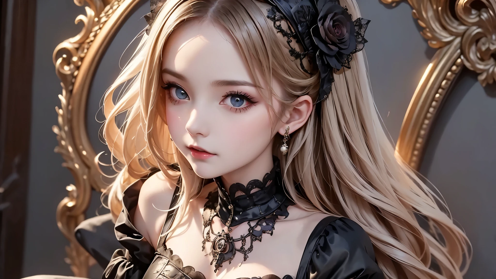 woman wearing dress and boots , baroque dress, wearing a detailed steampunk dress, elegant gothic princess, victorian gothic ta fashion, historical baroque dress dark, black gothic loliress, fantasy style clothing, rococo dress, black rococo, fantasy costume, wearing a gothic dress, romantic dress, gothic dress,blonde, tilt her head,(((upper body portrait))), ((from side))