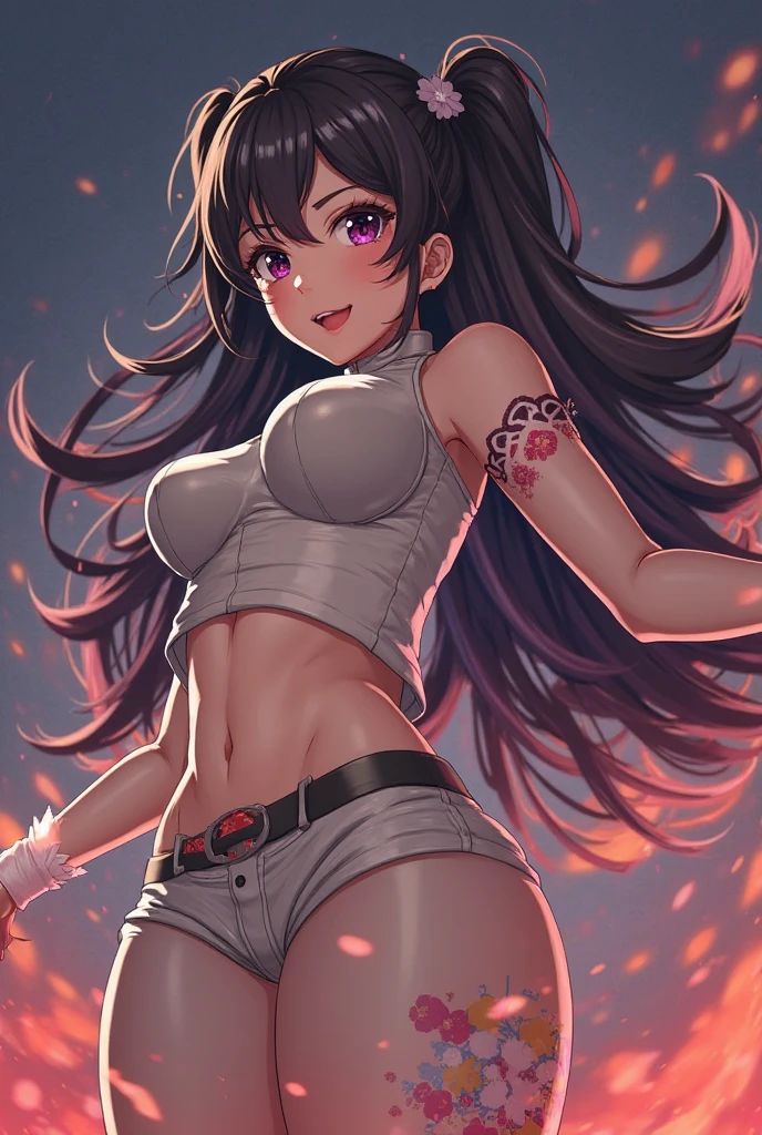 (tanned skin:1.3), slightly bigger breasts, (fit body:1.3), buff body, (heart-shaped crotch tattoo:1.3), black shorts, red top, bracelets, triskel pendant,