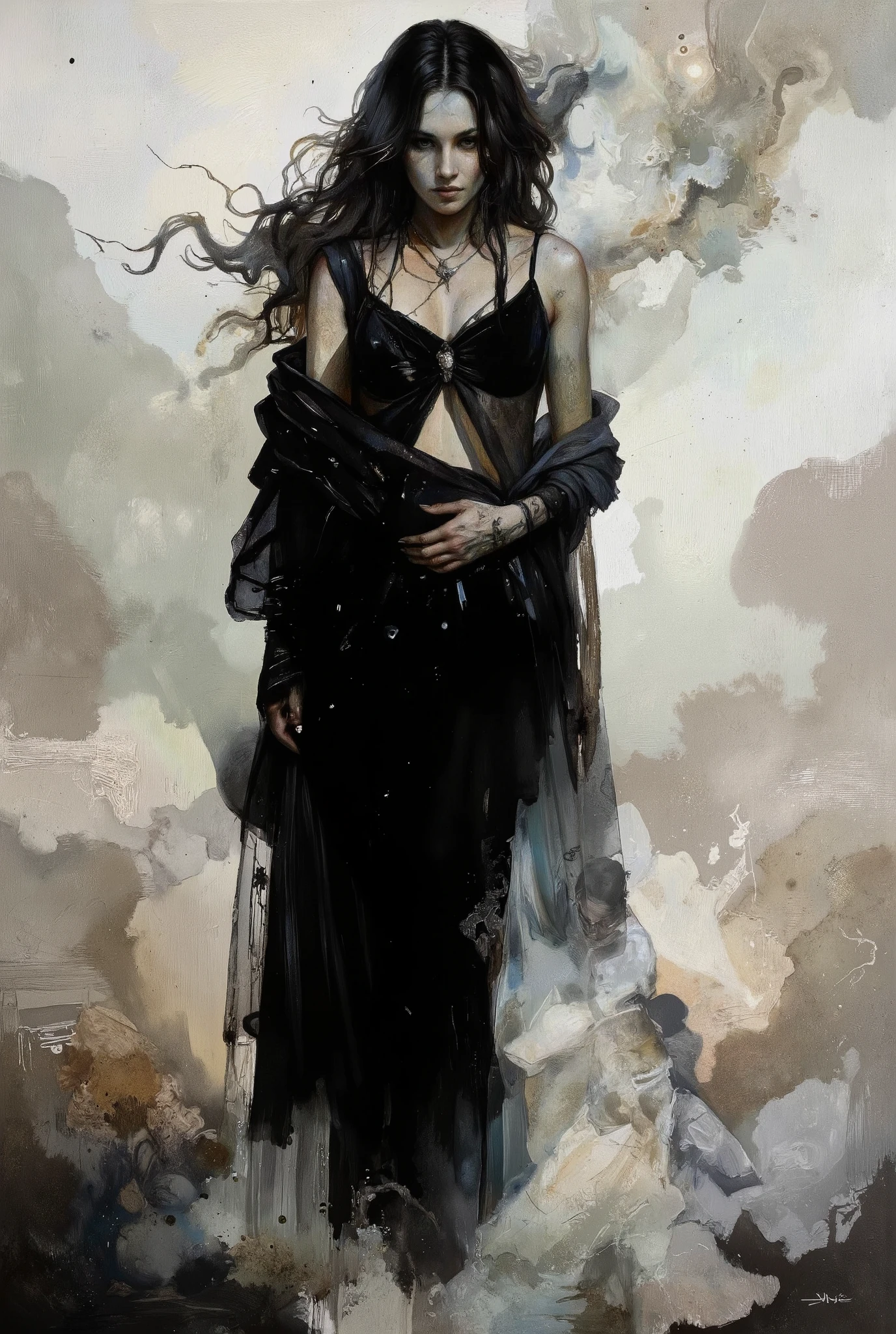 A hauntingly beautiful comic book illustration by Greg Rutkowski. A captivating woman, shrouded in shadows, stands amidst a swirling fog, her velvety abyss-like form seemingly absorbing the surrounding light. Her enigmatic presence radiates an aura of foreboding and intrigue, drawing the viewer in with its dark allure. Chiaroscuro techniques emphasize textures and dimensions. Impasto effects add tactile depth to the subject's worn features. The overall atmosphere is one of awe-inspiring horror and wonder.