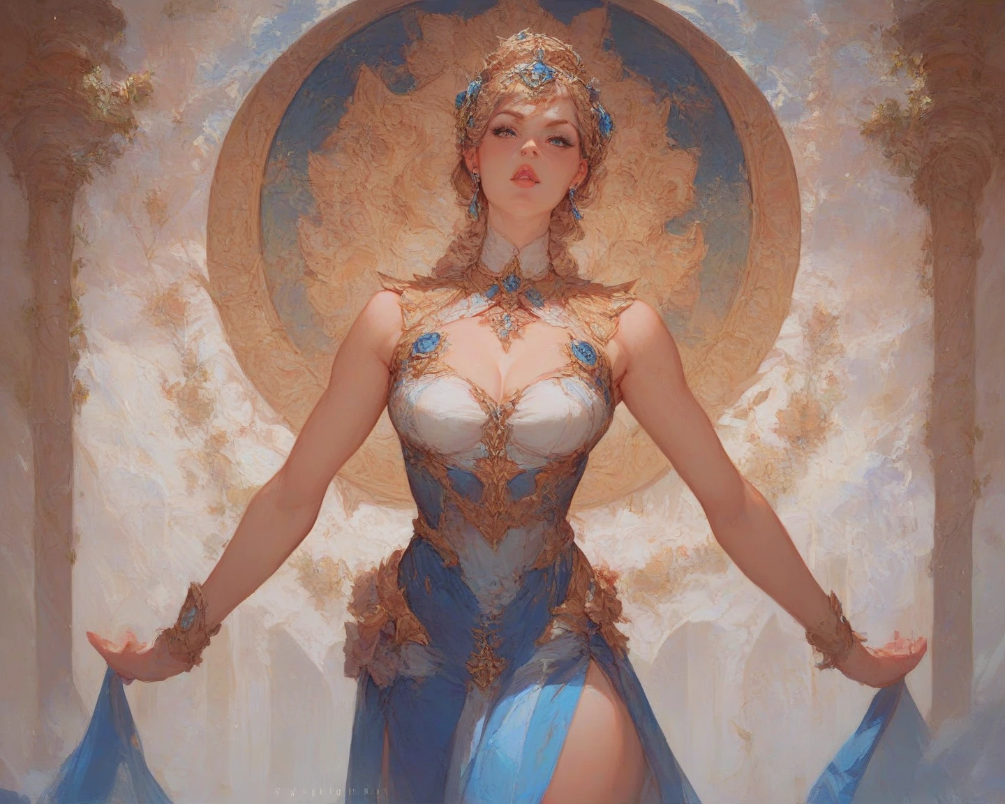 The Masterpiece,ultra-highresolution,The beautiful goddess Bodhisattva stands above the white clouds,Lotus in hand,The corners of his mouth smile slightly,Yingluo,little chest,Barefoot,White robe,White robe,(Short clothing),A flowing dress,The characters are well lit,The light is bright and natural,Bright picture,Clean picture,The background is a bright blue sky,(Light blue sky),halo,Light and bright picture,Photographic effects,superclear,