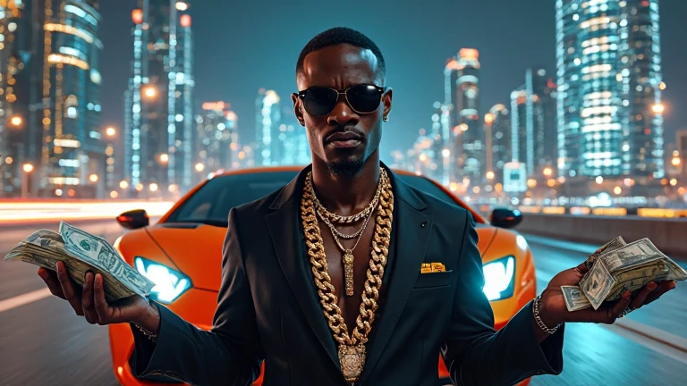 a tattooed man , with gold chain, Rolex, Batman Mask, vest with roller lettering, she on top of a red Lamborghini, with a roulette wheel on top of the car, playing roulette,several white Lamborghinis around , in a circle and the red Lamborghini in the middle in an environment with several animals in the middle of the jungle,full of rich people dressed in oil clothes