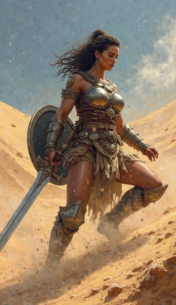Black woman nude naked naked stocky muscle giant amazon sword big shield in desert big boobs afro hair katana four arms horns claws