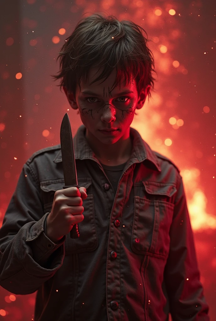 A boy with blood with the knife