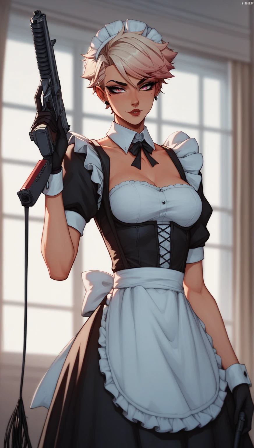White hair , short hair, pinched eyes, (big-:1.5) , Thin legs, thin body, leather collar, Maid outfit victorian, dynamic pose, full body, View from below, wide hips, Kneeling