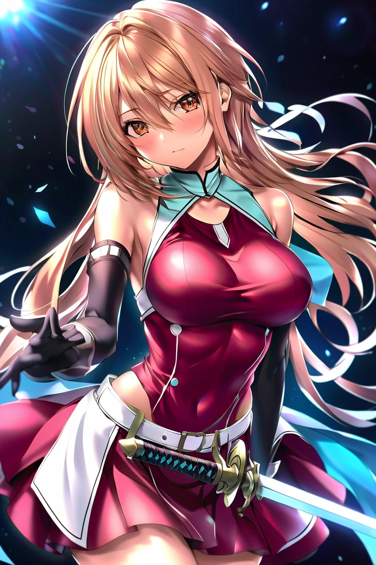 red eyes, (highest quality, masterpiece絵画:1.3), mature woman, 26 years old, (half body shot), masterpiece, ultra high resolution, (Photoreal:1.0), bright blonde hair、straight hair, beautiful shining hair, white and shining skin, ((Ultra realistic details)), octane rendering, highly detailed face,  (big breasts:1.0),(Sexy and gorgeous Japanese kimono,low cut neckline,delicate decoration:1.2), open neckline, cleavage, perfect body, soft skin, anime face, perfect face, perfect eyes, looking at the viewer, smart, Under the cherry blossom tree background, church, cherry blossom petals are falling, outdoors,sharp focus, intricate details, professional artwork, (bright colors:1.1), bright colors, diffused lighting, digital blending, ultra-definition body, ultra detail hair, super detailed face, that&#39;It&#39;s trending on pixiv, top button open, Cute gaze, compensate, perfect lips, perfect compensate, Ultra-precision coating, (light_smile:0.8), (Very embarrassed:1.2), blush your nose,