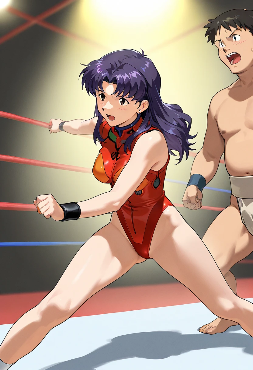 Naked female professional wrestler is humiliated in the ring.........,Undressed,Get naked,Pull on panties,Removed clothes are scattered on the floor,Private parts are exposed,short-hair,pubick hair,genitalia