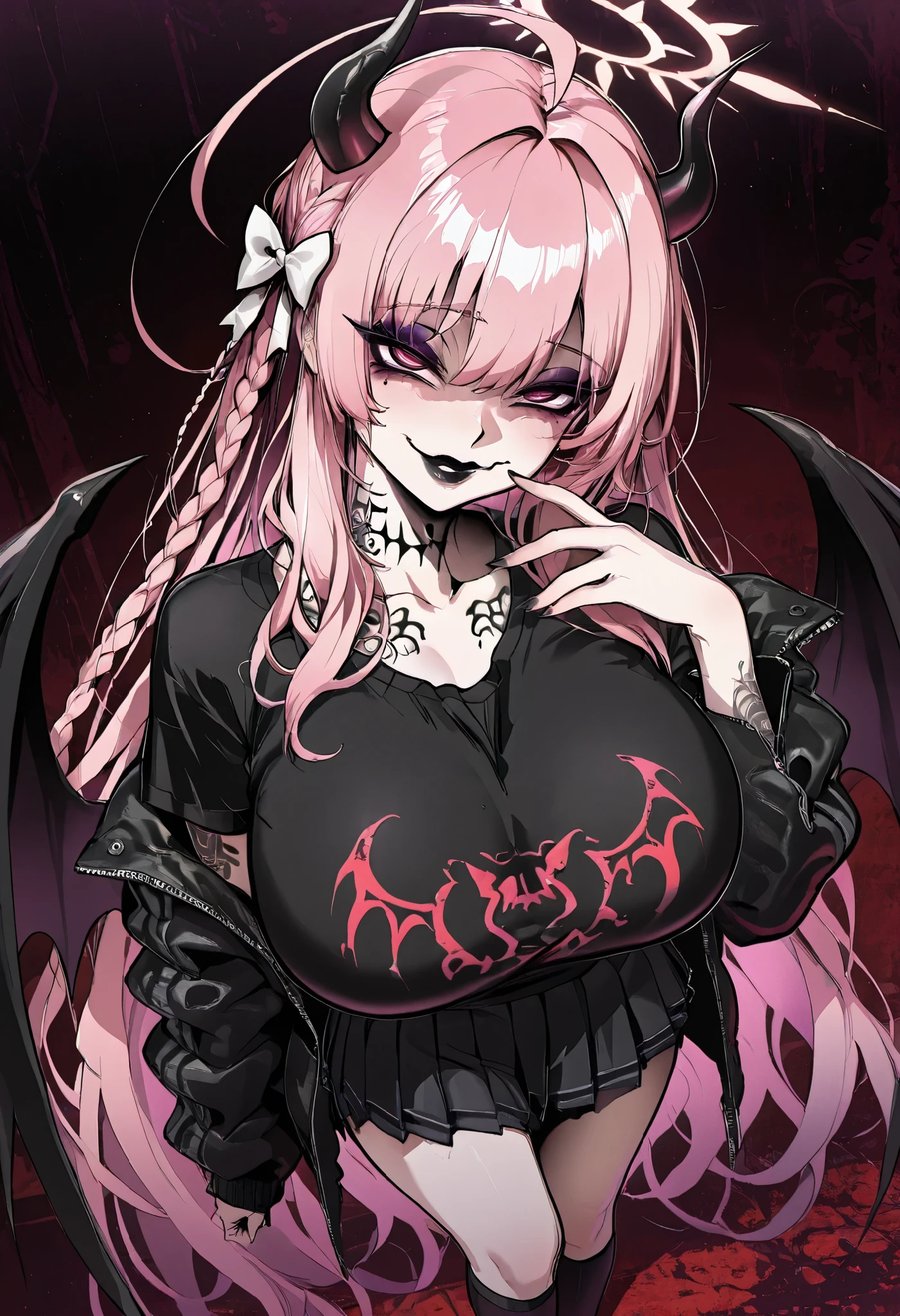 master masterpiece, 4k, highly detailed, subsurface scattering, utra detailed, extreme detailed eyes, full body, near angle, dynamic pose, extremely detailed face, pink hair, very long hair, ahoge, braid, white bow, hair bow, halo, horns, black_demon_wings, low_wings, mature woman, big eyes, dominant, seductive, sadistic, edgGesugao, seductive smile, facial expression, ahoge, eyeshadow, huge breast, dark, Jacket, black T-shirt, skirt, pleated skirt, kneehighs, goth, makeup, black lips, neck tattoo, full-body tattoo