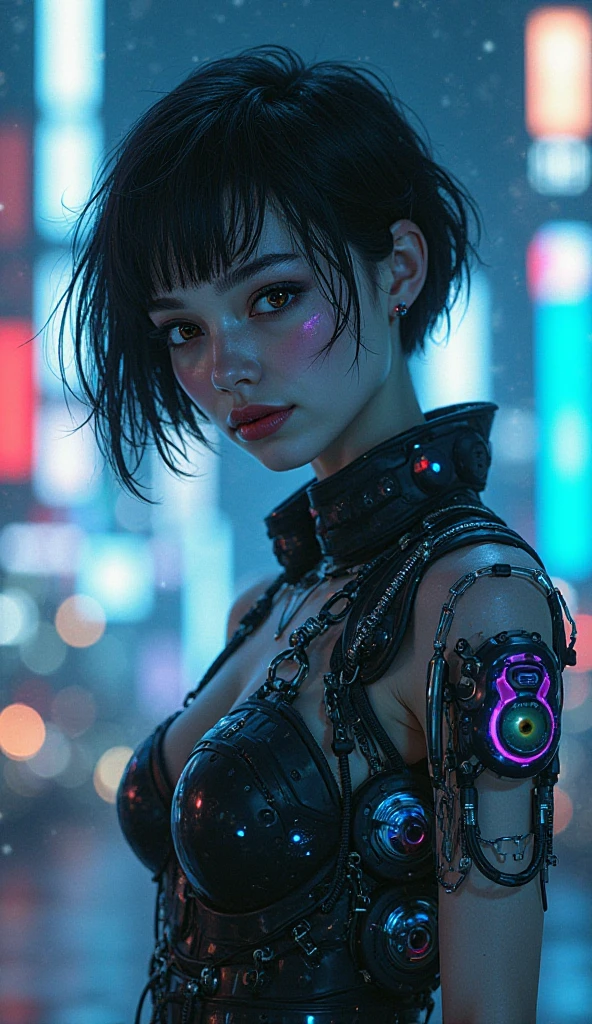 <lora:Cyberpunk V2.1:0.8>, Cyberpunk, best quality, masterpiece, illustration, realistic, photo-realistic, amazing, finely detail, incredibly absurdres, huge filesize, ultra-detailed, highres, extremely detailed CG unity 8k wallpaper, nsfw, nude, A full-shot of a beautiful young woman with Korean-style facial features resembling a popular actress. She has cyberpunk cybernetic limbs and glowing body parts. Her skin is reflective and she is wearing revealing clothing that barely covers her body. Her exposed skin is glistening with water droplets from the heavy rain. She has pink-teal eyeshadow, pink short hair with bangs and blue highlights, and one glowing eye. She also has cybernetic implants on her face, neck, and arms. The background is a neon-lit cityscape at night, with heavy rain and reflective puddles. Ray tracing and volumetric lighting are used.