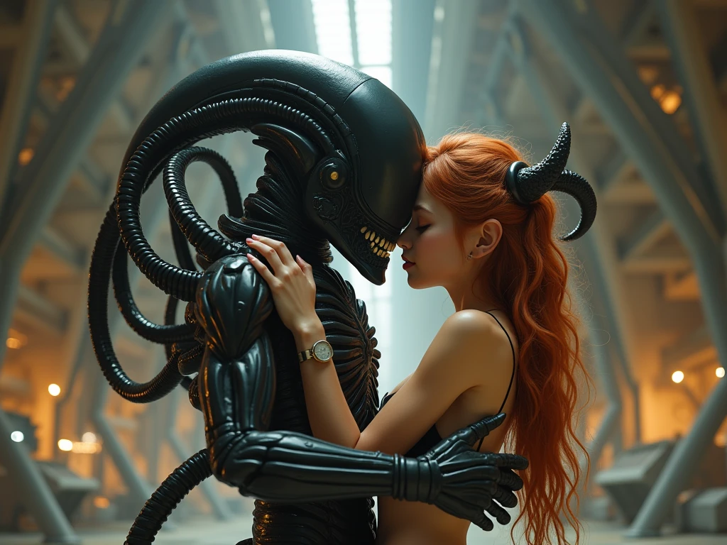 alien xenomorph hugs sexy, (girl 15 years old, Short, Red hair, green eyes)