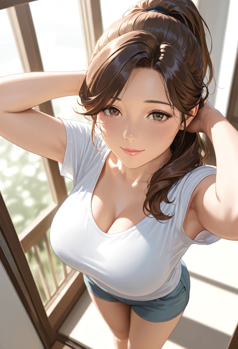 (masterpiece, best quality), 1girl, solo, brown hair, curly hair, large breasts, pale skin, long eyelashes, sitting, upper body, looking at viewer, elbow rest, parted lips, seductive smile, sexually suggestive, cleavage, mascara, necklace, bangle, earrings, teacher, milf, 36 year old mature woman, slender woman, tshirt, teacher, tight jeans, classroom, white boardhair tied back in loose ponytail, tiny , leaning over desk, eyes half closed, tanktop, squiting, arms extended outward, about to kiss viewer, leaning forward on students desk, hard nipples poking through shirt, dark sunglasses