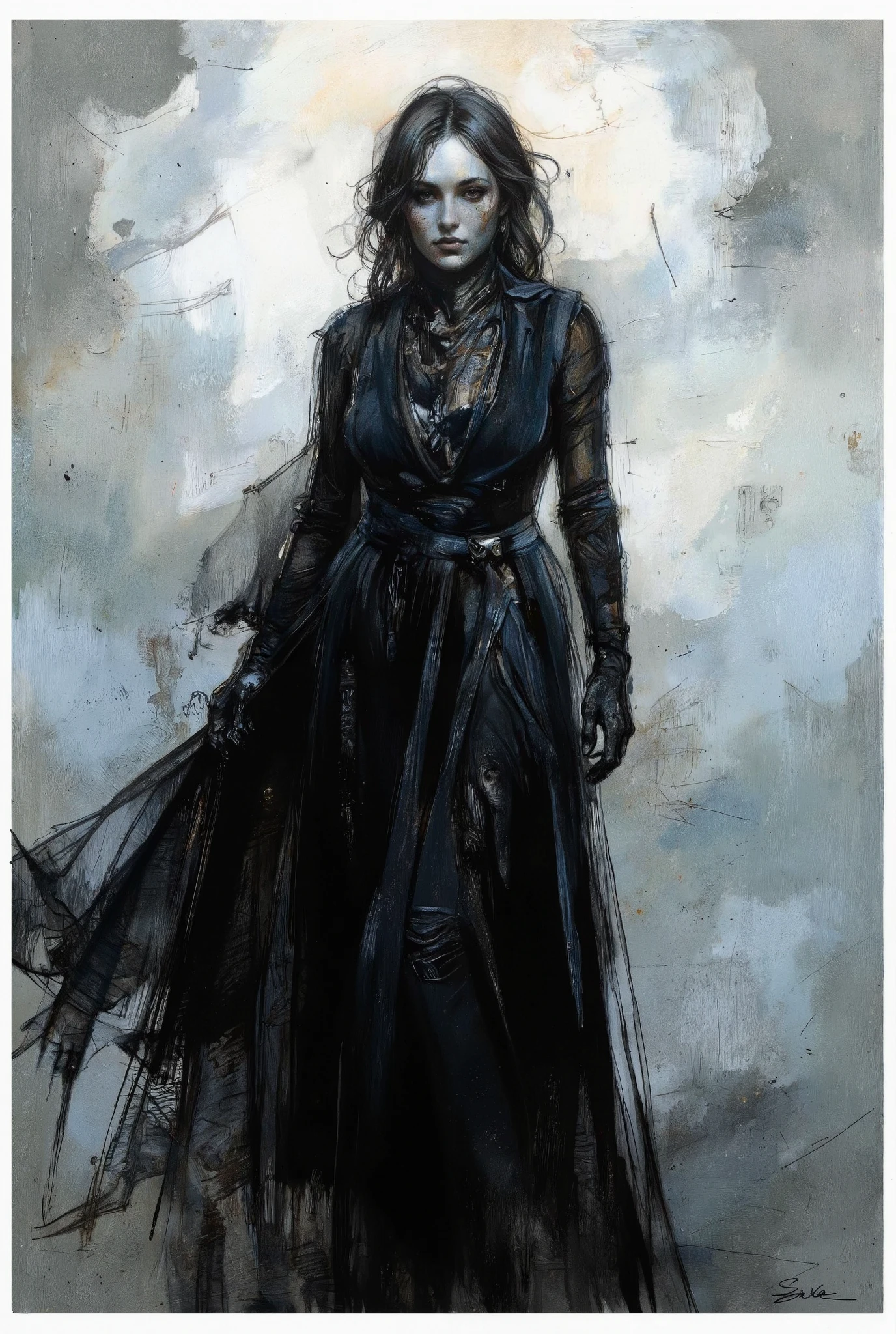 A hauntingly beautiful comic book illustration by Greg Rutkowski. A captivating woman, shrouded in shadows, stands amidst a swirling fog, her velvety abyss-like form seemingly absorbing the surrounding light. Her enigmatic presence radiates an aura of foreboding and intrigue, drawing the viewer in with its dark allure. Chiaroscuro techniques emphasize textures and dimensions. Impasto effects add tactile depth to the subject's worn features. The overall atmosphere is one of awe-inspiring horror and wonder.