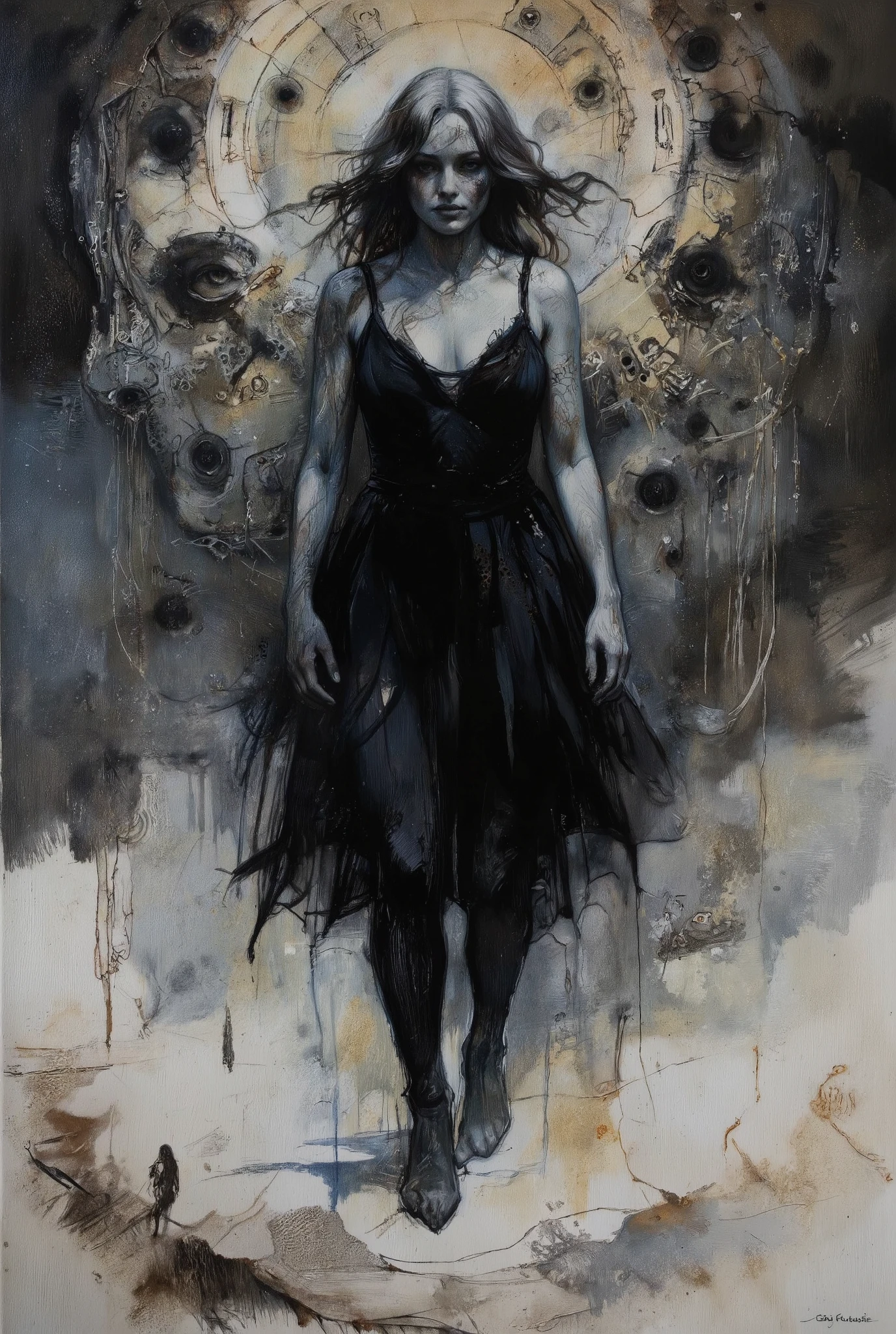 A hauntingly beautiful comic book illustration by Greg Rutkowski. A captivating woman, shrouded in shadows, stands amidst a swirling fog, her velvety abyss-like form seemingly absorbing the surrounding light. Her enigmatic presence radiates an aura of foreboding and intrigue, drawing the viewer in with its dark allure. Chiaroscuro techniques emphasize textures and dimensions. Impasto effects add tactile depth to the subject's worn features. The overall atmosphere is one of awe-inspiring horror and wonder.
