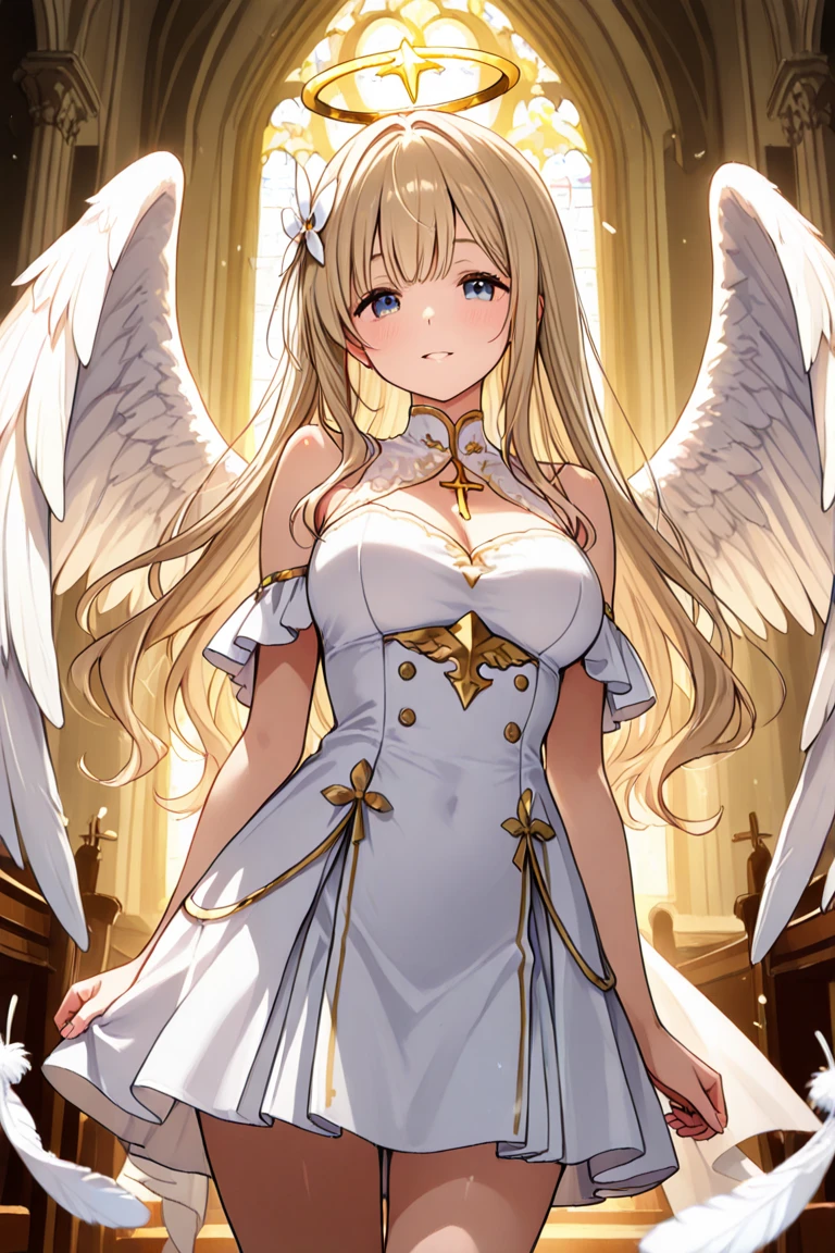 masterpiece, best quality <lora:sd_xl_dpo_lora_v1-128dim:1>,1girl, dress, long hair, wings, solo, book , white dress, halo, open mouth, ribbon, blonde hair, bare shoulders, looking at viewer, hair ribbon, off shoulder , white ribbon, bangs, angel wings, feathered wings, white background, angel, sparkle, off-shoulder dress, long sleeves, grey eyes, white wings, simple background, puffy sleeves, teeth, hair between eyes, upper teeth only, breasts, very long hair, cleavage ,scenery, tree, east asian architecture, architecture, outdoors, reflection, building, nature ,  <lora:ABKSKXLlokr2f-000147:1>